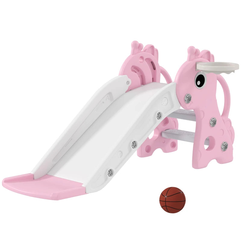 Qaba 3 in 1 Toddler Slide for Age 1-3, Kids Slide with Climber, Basketball Hoop and Ball, Giraffe Design, Pink