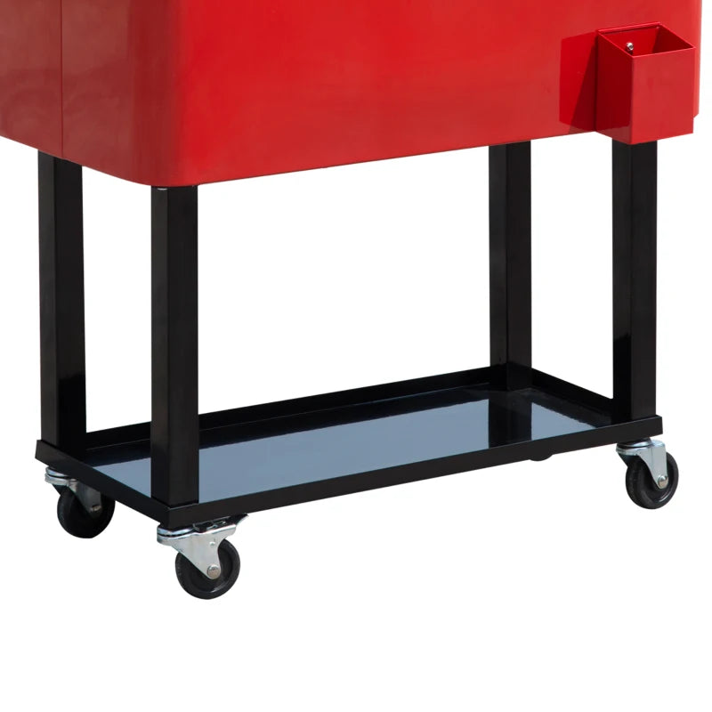 80 Quart Rolling Cooler Cart Portable Patio Ice Beer Beverage Cooling Bin w/ Bottle Opener & Storage Shelf Red