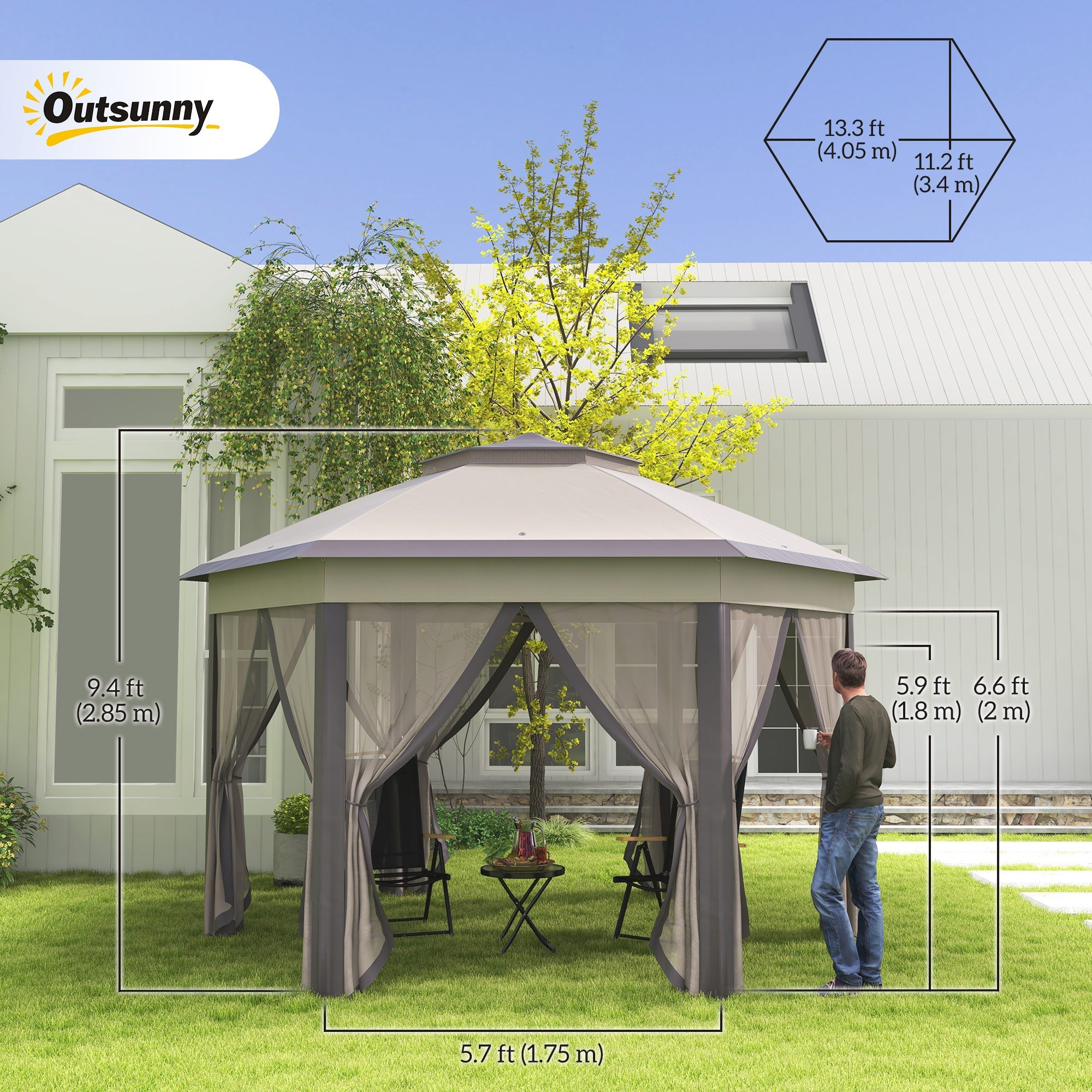 Outsunny Pop Up Patio Gazebo 13'x13', Double Roof Hexagon, Instant Outdoor Shelter with Netting, Coffee/Beige