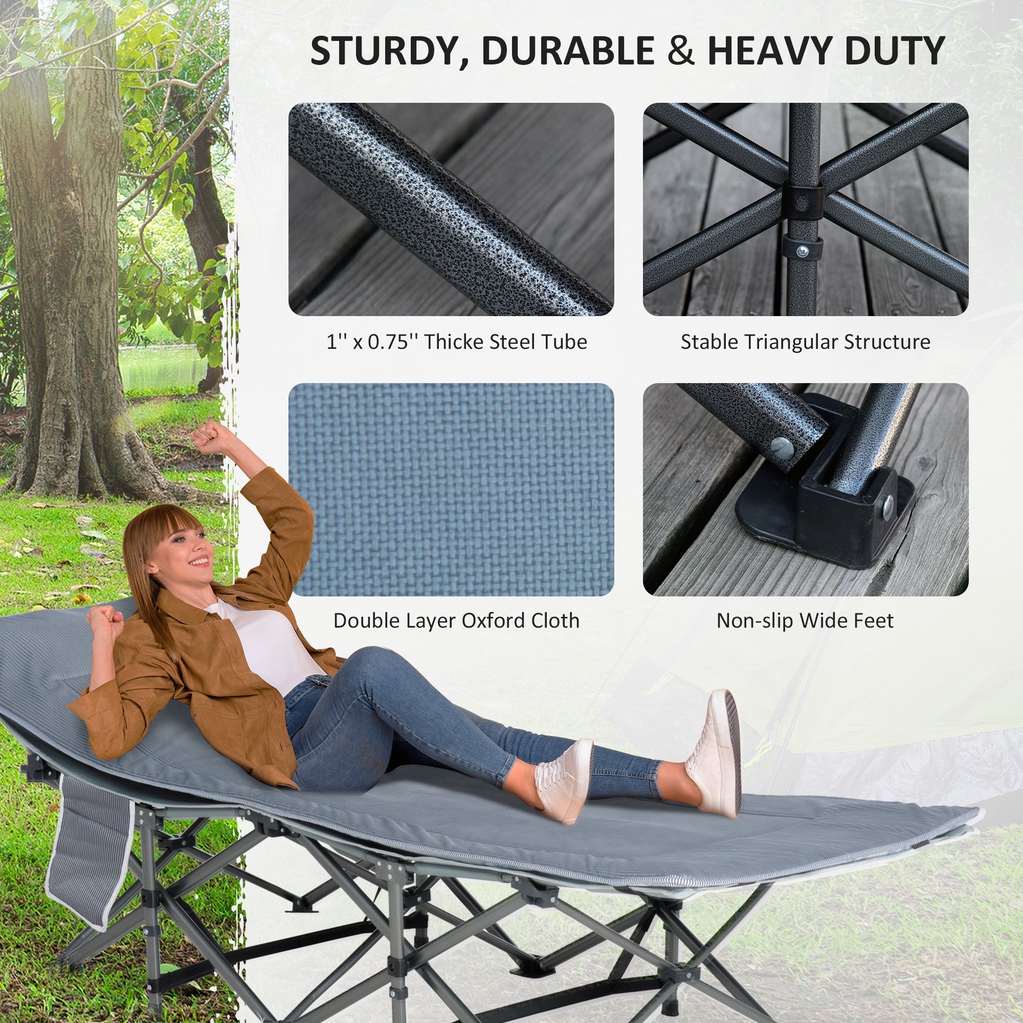 Outsunny Folding Camping Cot with Mattress Pillow Double Layer Oxford Heavy Duty Sleeping Cot Carry Bag Dark Grey