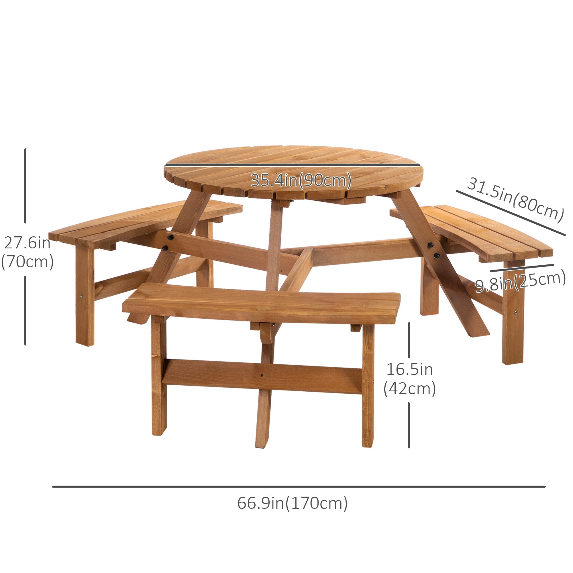 Outsunny Wood Patio 6 Person Round Picnic Table Bench Set with Umbrella Hole for Backyard Brown