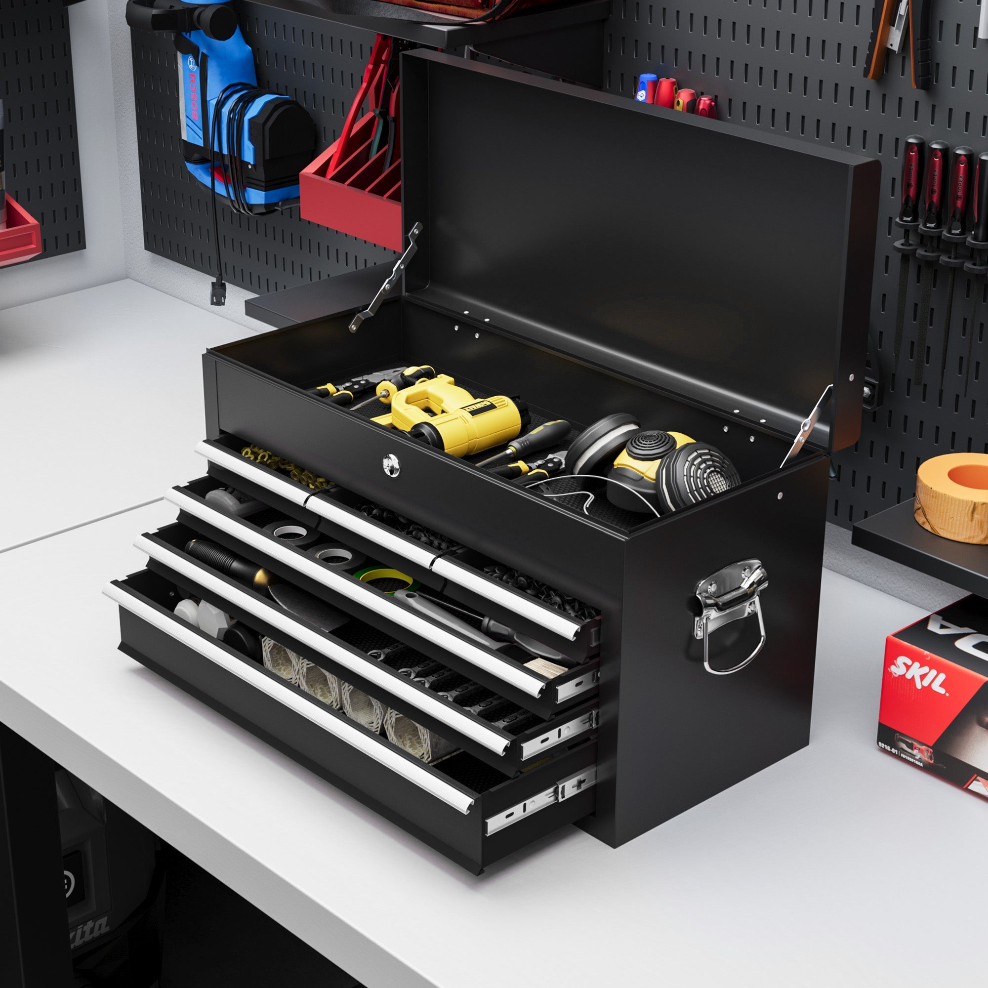 HOMCOM 6 Drawer 24" Portable Tool Box with Top Case, Ball Bearing Slides, Metal Tool Chest for Garage, Household and Warehouse