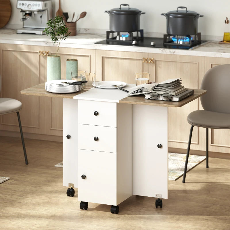 Drop Leaf Dining Table, Mobile Folding Table on Wheels with Drawers and Cabinet for Dining Room, Kitchen, White and Oak