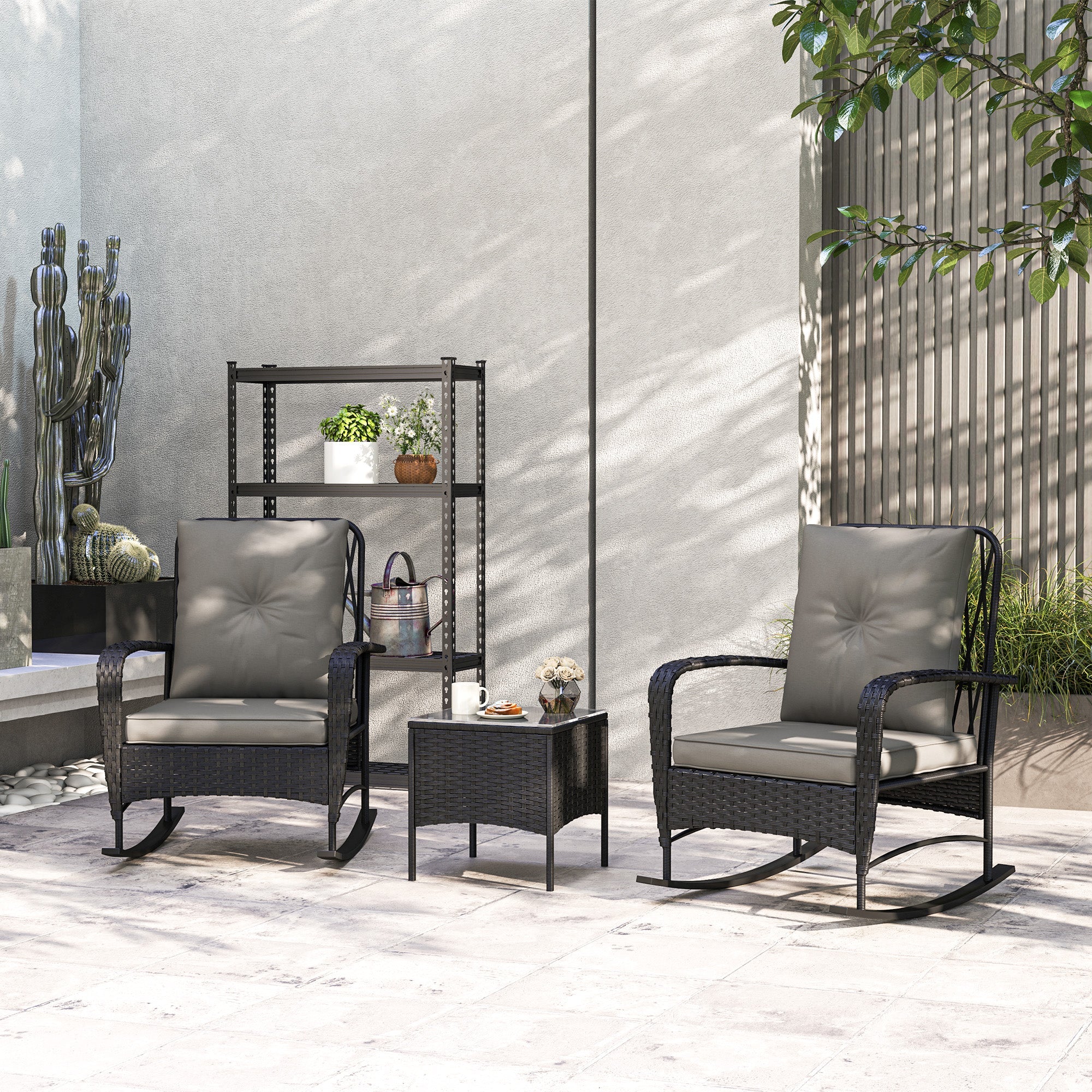 Outsunny 3 Pieces Rattan Bistro Set, Wicker Patio Furniture with Rocking Chairs, Thick Cushions for Porch Balcony, Grey