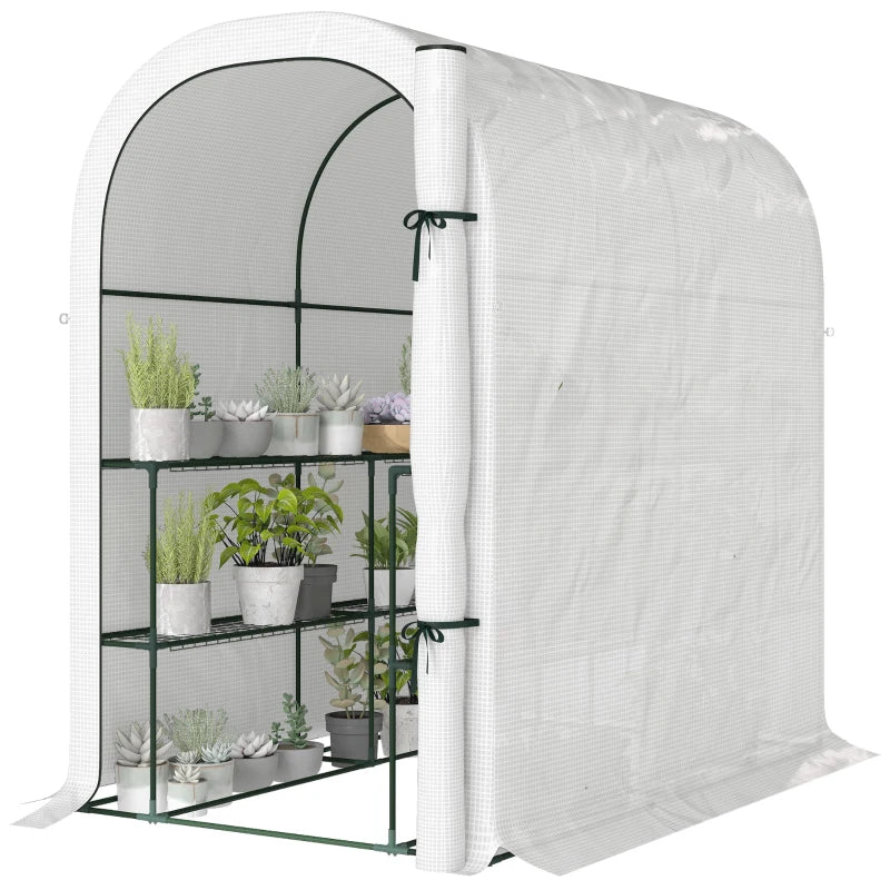 Walk-in Mini Greenhouse with Shelves, Portable Outdoor Greenhouse with Roll-up Door, 123 x 187 x 189 cm, White