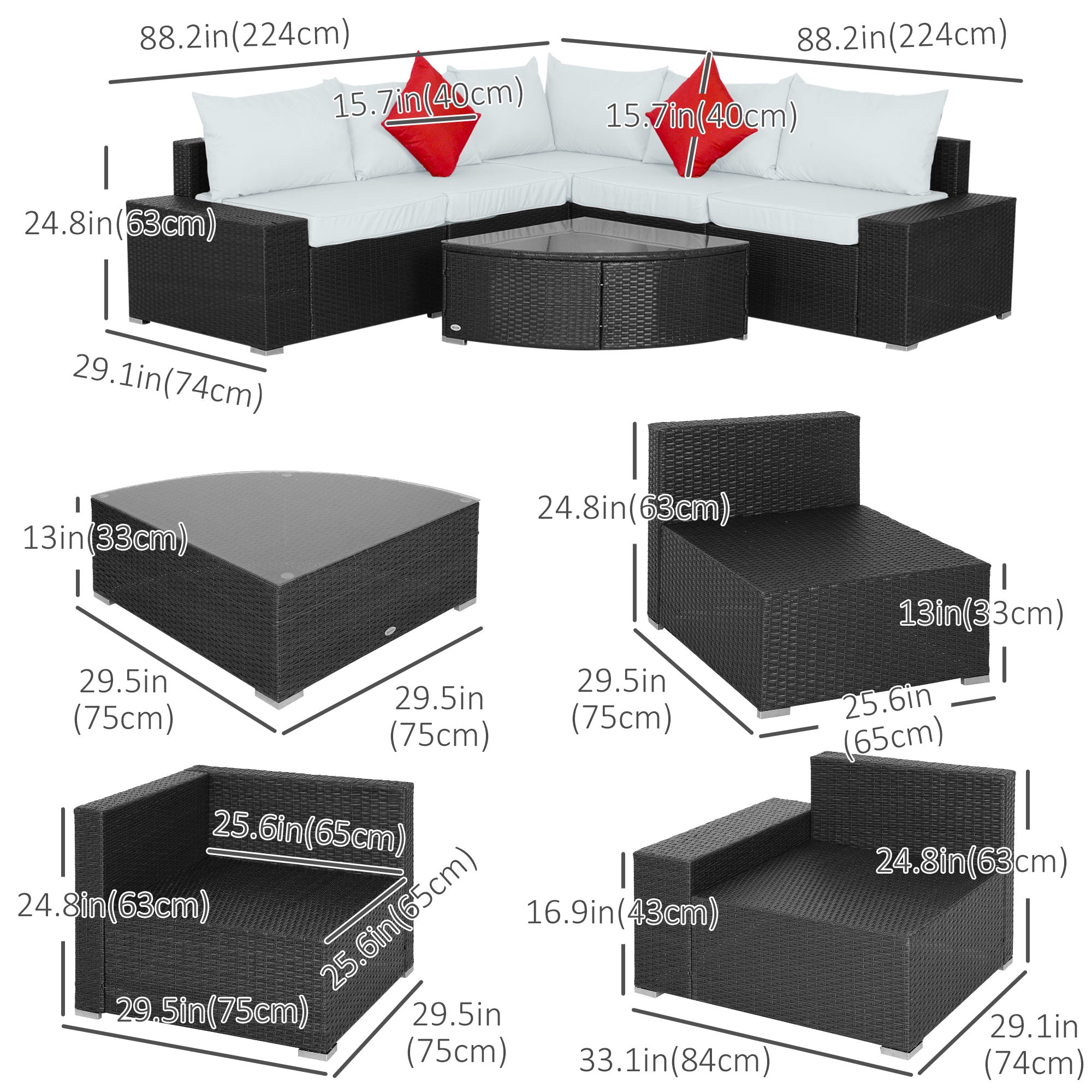 Outsunny 6-Piece Outdoor Wicker Sectional, All-Weather Rattan Sofa Set with Coffee Table for Garden Lounging