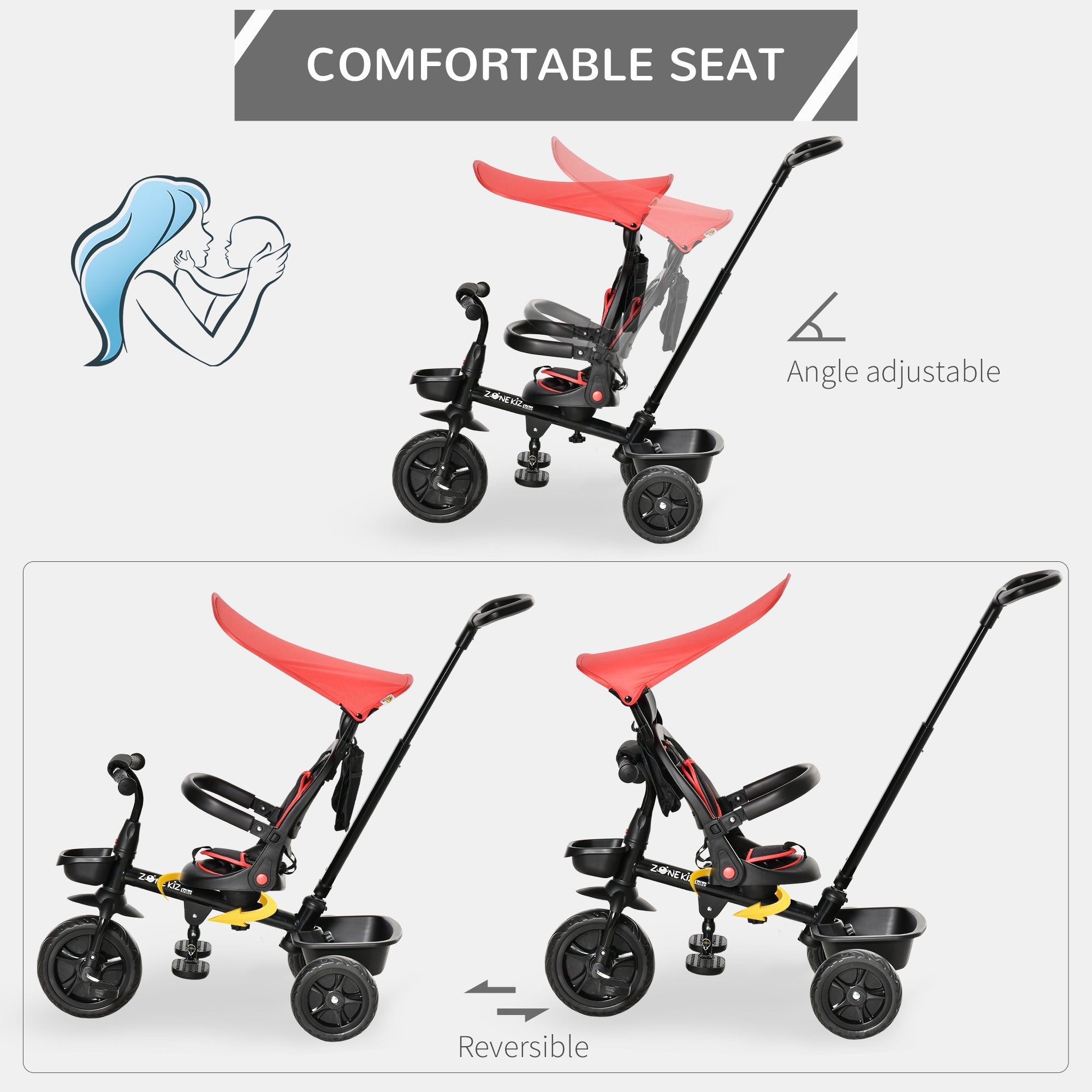 Aosom Qaba Stroller Trike: Baby Tricycle 4 In 1, Reversible Seat, Adjustable Removable Canopy, Handrail Belt, Red