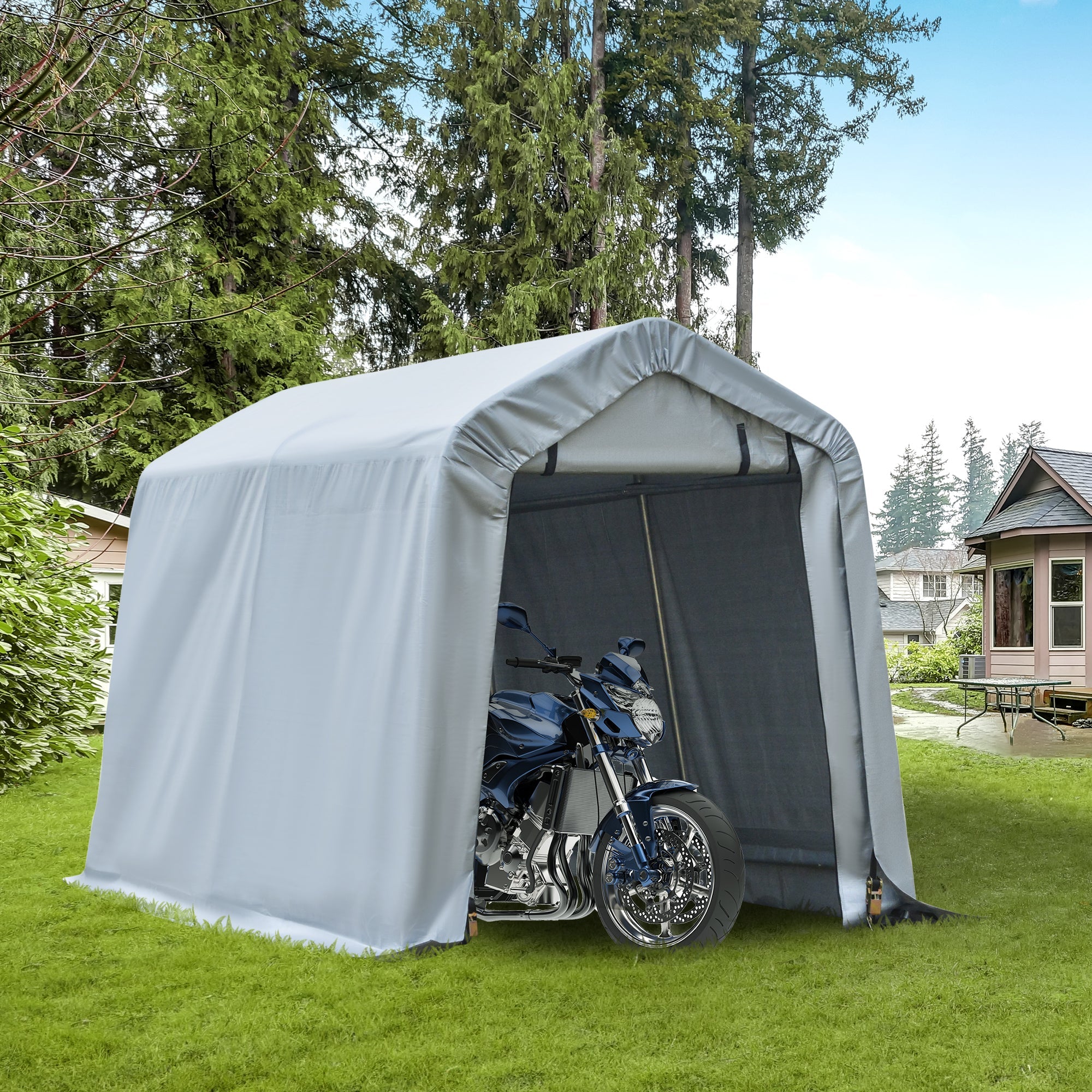 Outsunny Outdoor Storage Shelter 8'x6' Heavy Duty Carport Shed with Rollup Zipper Door for Motorcycle Garden Grey