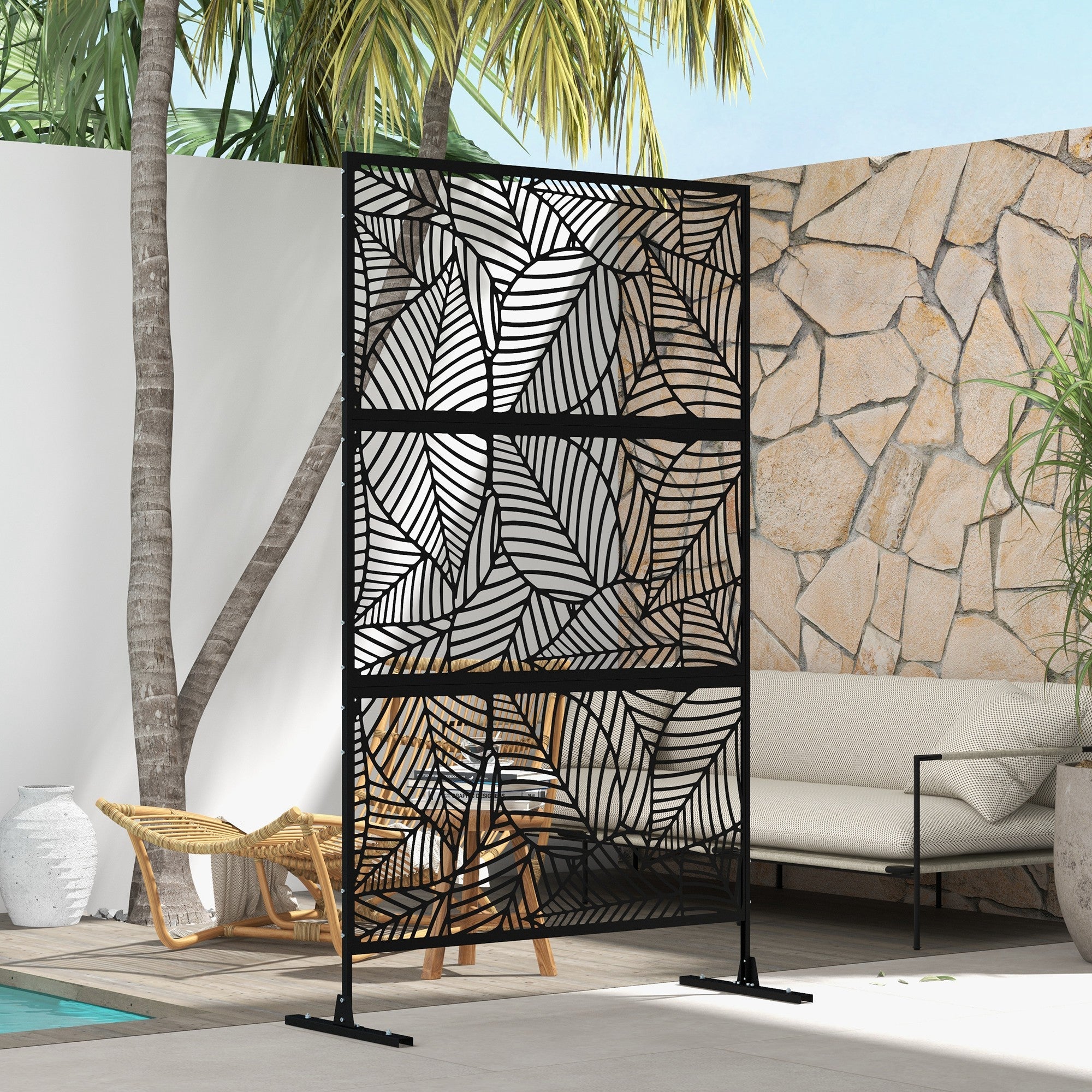 Outsunny 6.5FT Decorative Outdoor Divider, Metal Privacy Screen with Stand, Large Leaf Style, Black