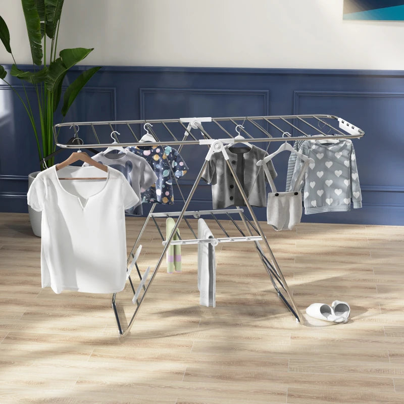 Clothes Drying Rack, 2-Tier Stainless Steel Foldable Laundry Rack with Adjustable Wings and Shoe Holders, Silver