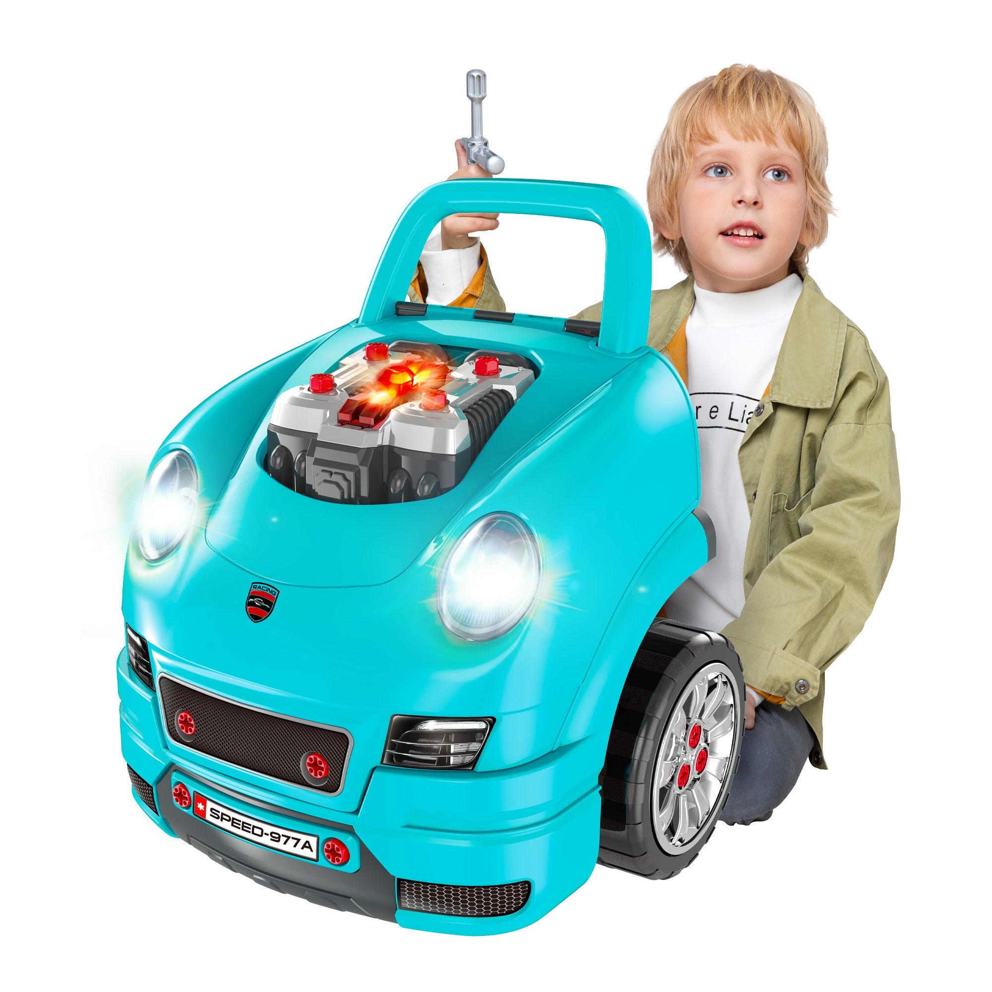 Qaba Kids Mechanic Truck Engine Repair Toy Set Car Service Teal Playset with Tools for Pretend Play