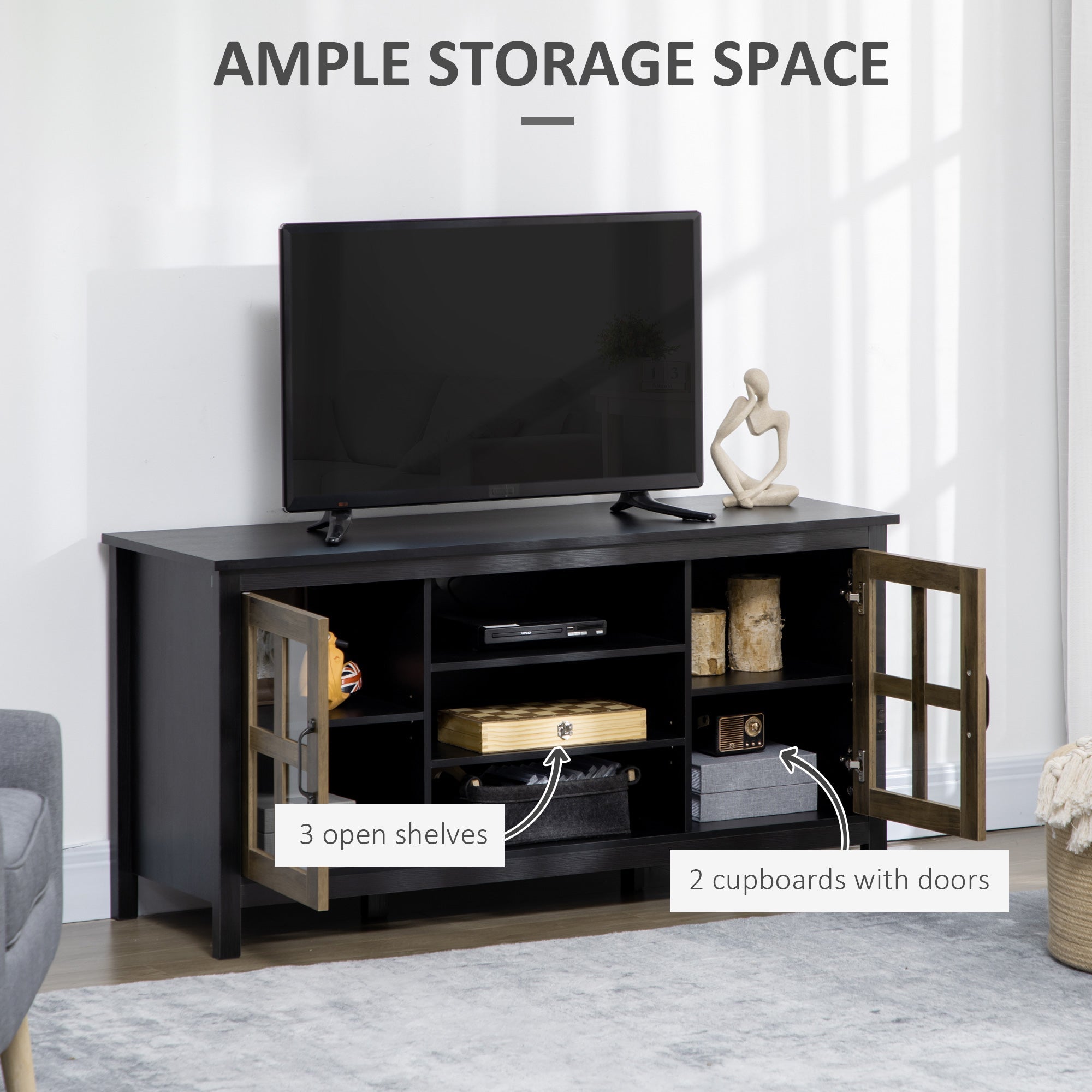 HOMCOM Sleek Entertainment Hub: Black TV Cabinet for 55" TVs, Adjustable Shelves, Living Room Centerpiece