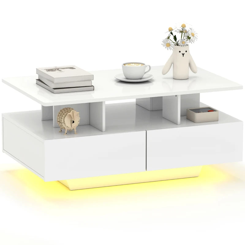 Coffee Table with RGB LED Lights, Modern Living Room Table with 4 Drawers, Open Shelf, Remote Control, High Gloss White