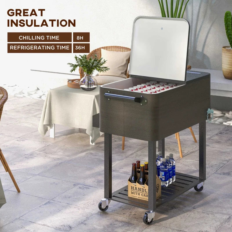 Outdoor Beverage Cooler Bar Cart, 67-Qt Patio Cooler Cart Rolling Ice Chest with Shelf, Bottle Opener and Wheels, Grey