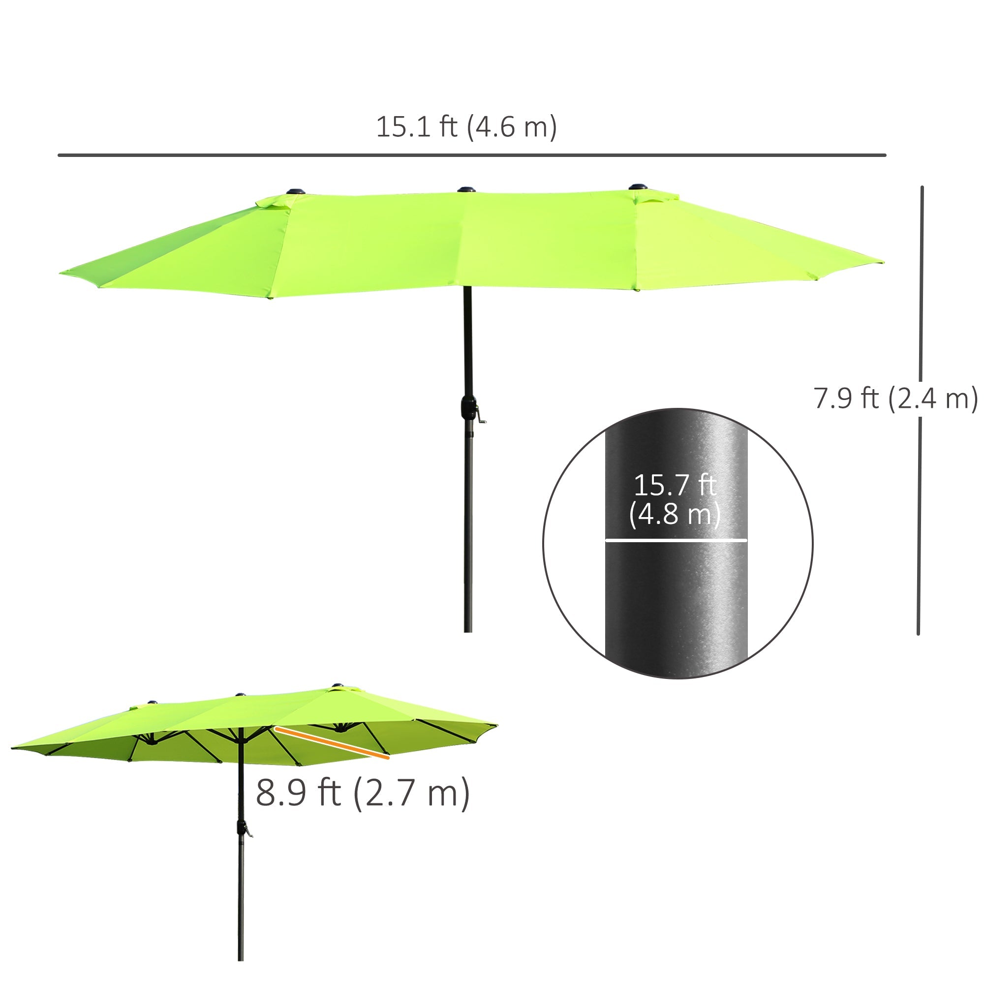 Outsunny 15ft Twin Canopy Patio Umbrella - Sunshade with Steel Table, Lift Crank in Green for Outdoor Comfort