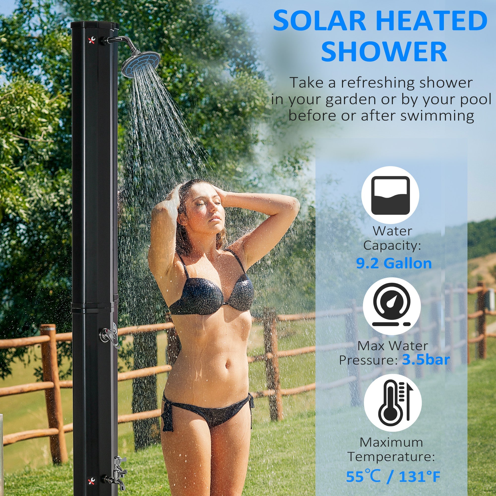 Outsunny Outdoor Solar Shower 7ft with 360 Rotating Head Foot Faucet Adjustable Temperature Pressure Black