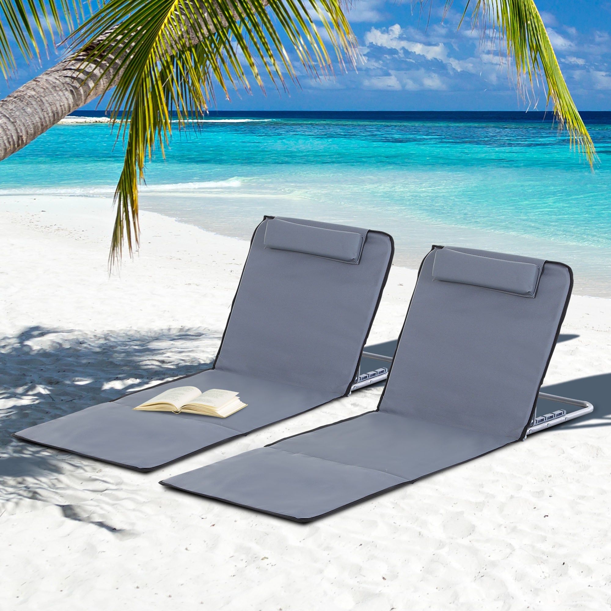 Outsunny 2 Pieces Beach Lounge Chair, Outdoor Folding Chaise Lounge Set w/ Pillow for Sunbath, Snap, Grey