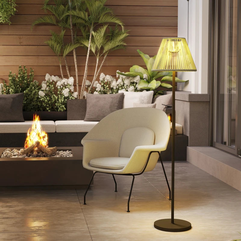 Wicker Outdoor Floor Lamp, Cordless Solar Lantern with Auto On/Off LED Lights, IP44 for Patio, Porch, Pathway, Grey