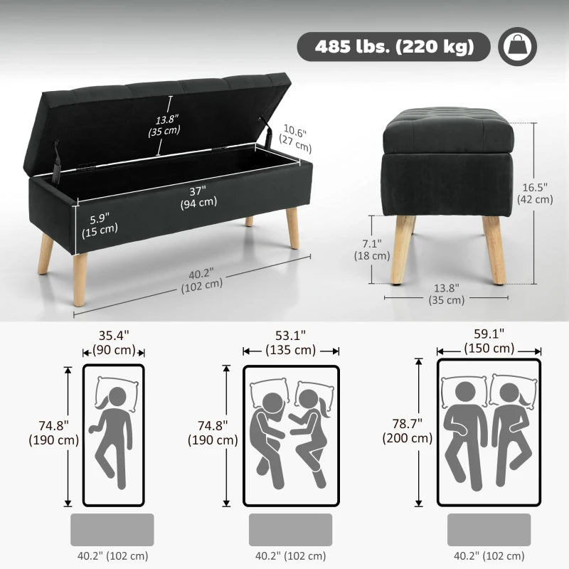 Storage Ottoman with Lid, Velvet Upholstered Storage Bench with Wood Legs for Living Room, Black