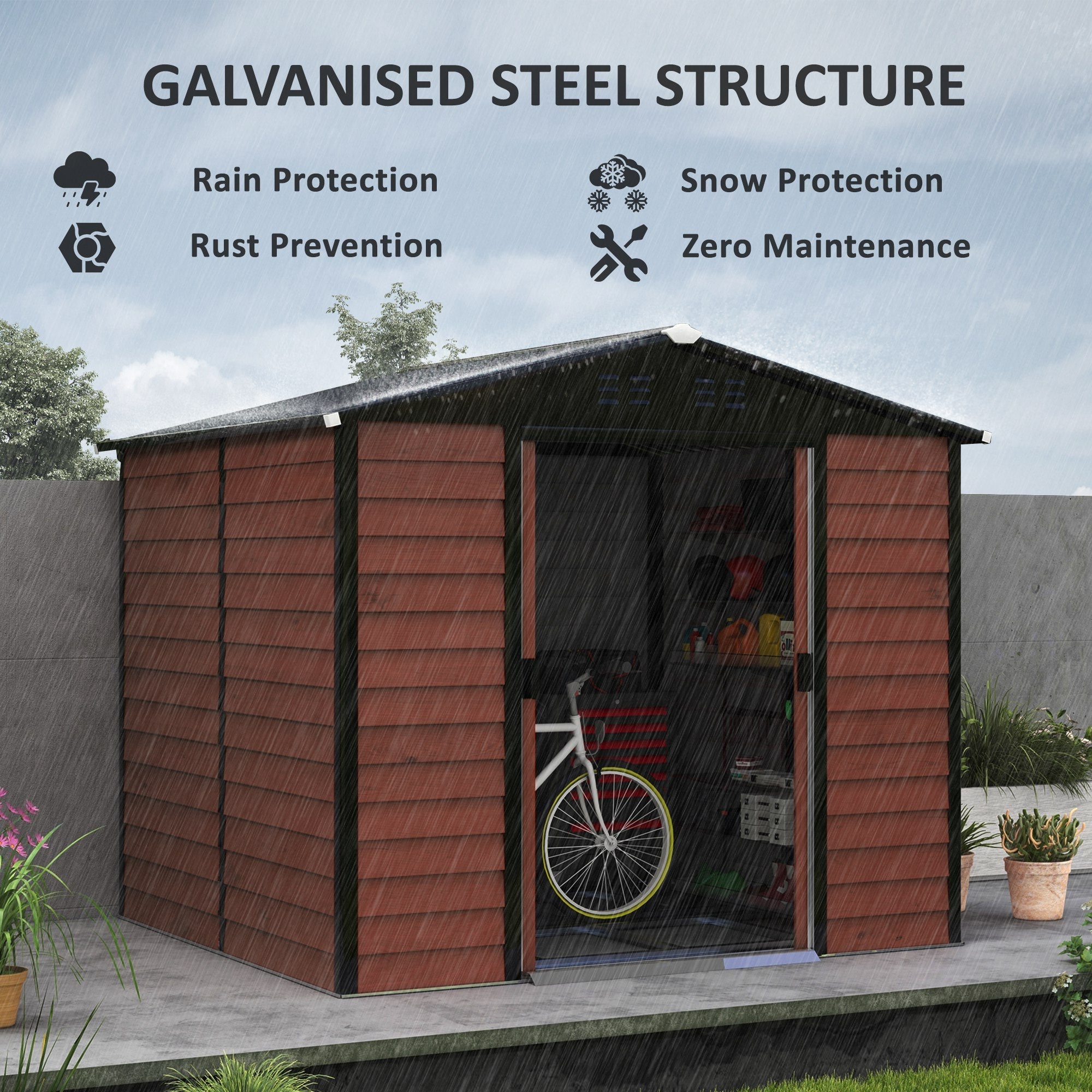 Outsunny Metal Outdoor Storage Shed 8x7ft Galvanized Steel Garden Tool Shed with Floor Frame Vents Waterproof Teak