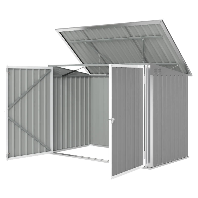 Outdoor Metal Storage Shed Garden Garbage Can Organizer with Double Door and Vents for 2 Trash Cans, Light Grey