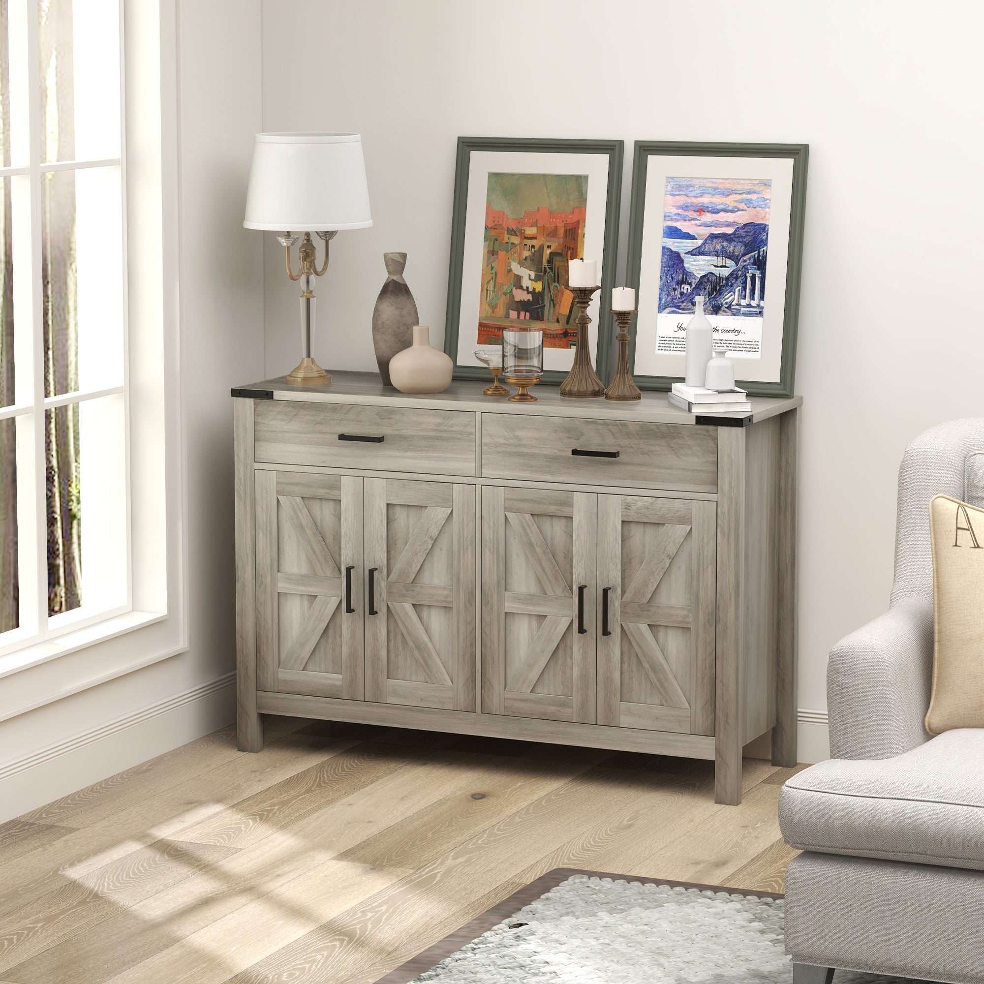 HOMCOM Farmhouse Buffet Cabinet Sideboard with 2 Drawers, 2 Storage Cabinets and Adjustable Shelves, Grey