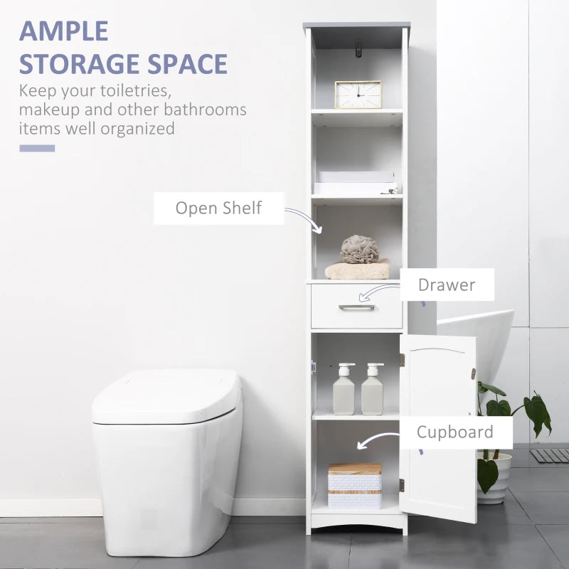 Tall Bathroom Storage Cabinet, Slim Bathroom Cabinet with 3 Tier Shelf, Drawer, Door, Freestanding Linen Tower, White