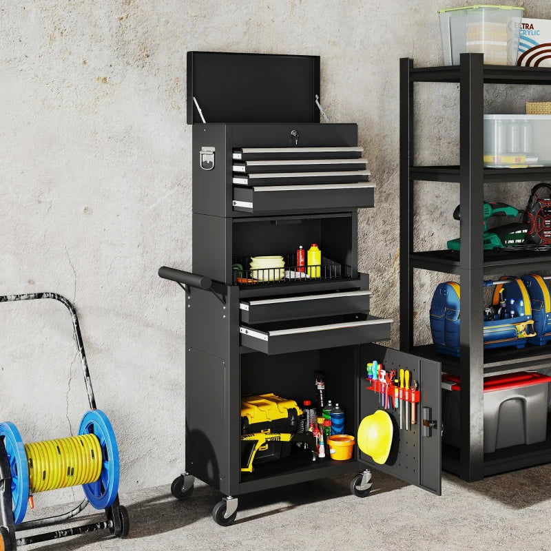 Large Tool Cabinet, 3-in-1 Rolling Tool Chest, Detachable Tool Storage Organizer with 6 Drawers and Pegboard, Black