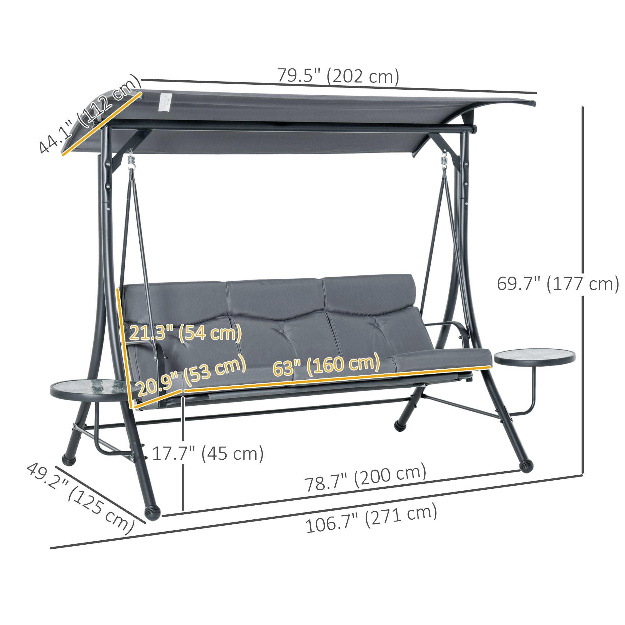Outsunny 3 Seat Outdoor Swing Chair Steel Swing Bench Porch Swing With Adjustable Canopy & Coffee Tables & Cushion for Patio Garden