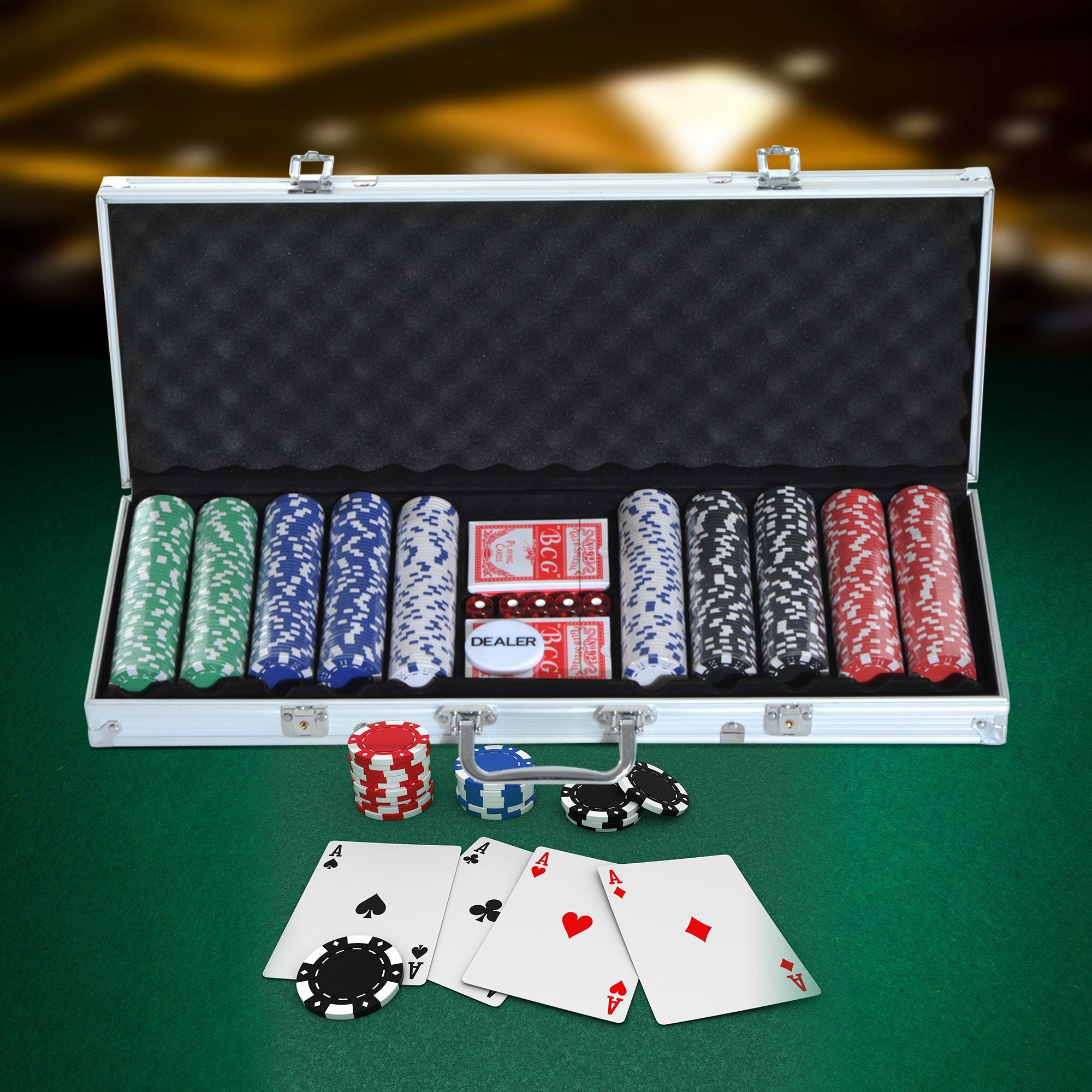 Soozier Premium Poker Chips Set with Durable Silver Aluminum Case 500 Striped Dice 2 Card Decks for Casino Night