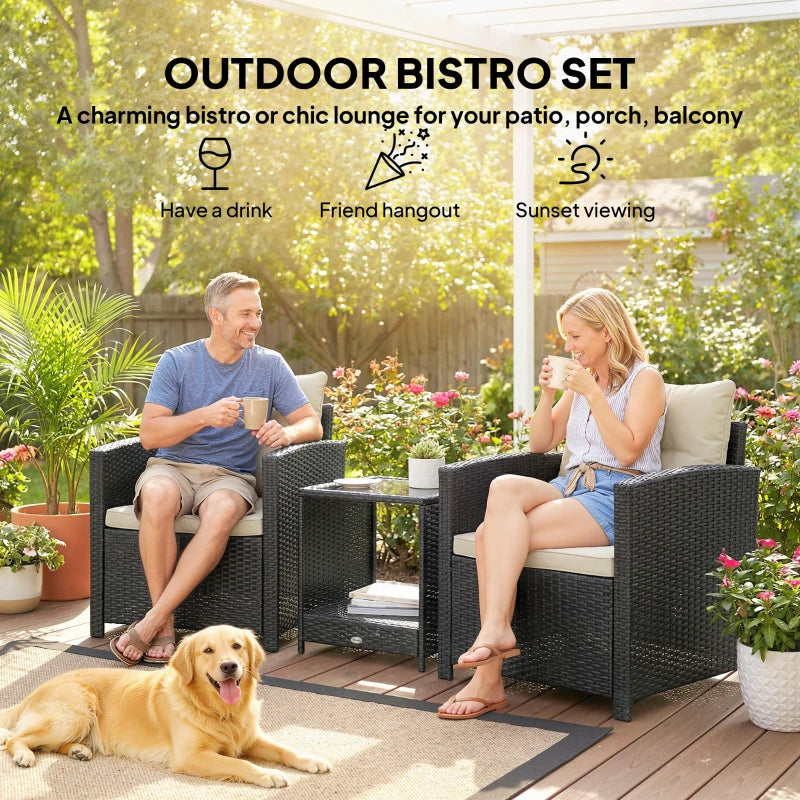 Outdoor Bistro Set, 3 Piece Wicker Patio Furniture Set with 2-Tier Glass Top Table, Cushions for Porch, Balcony, Beige