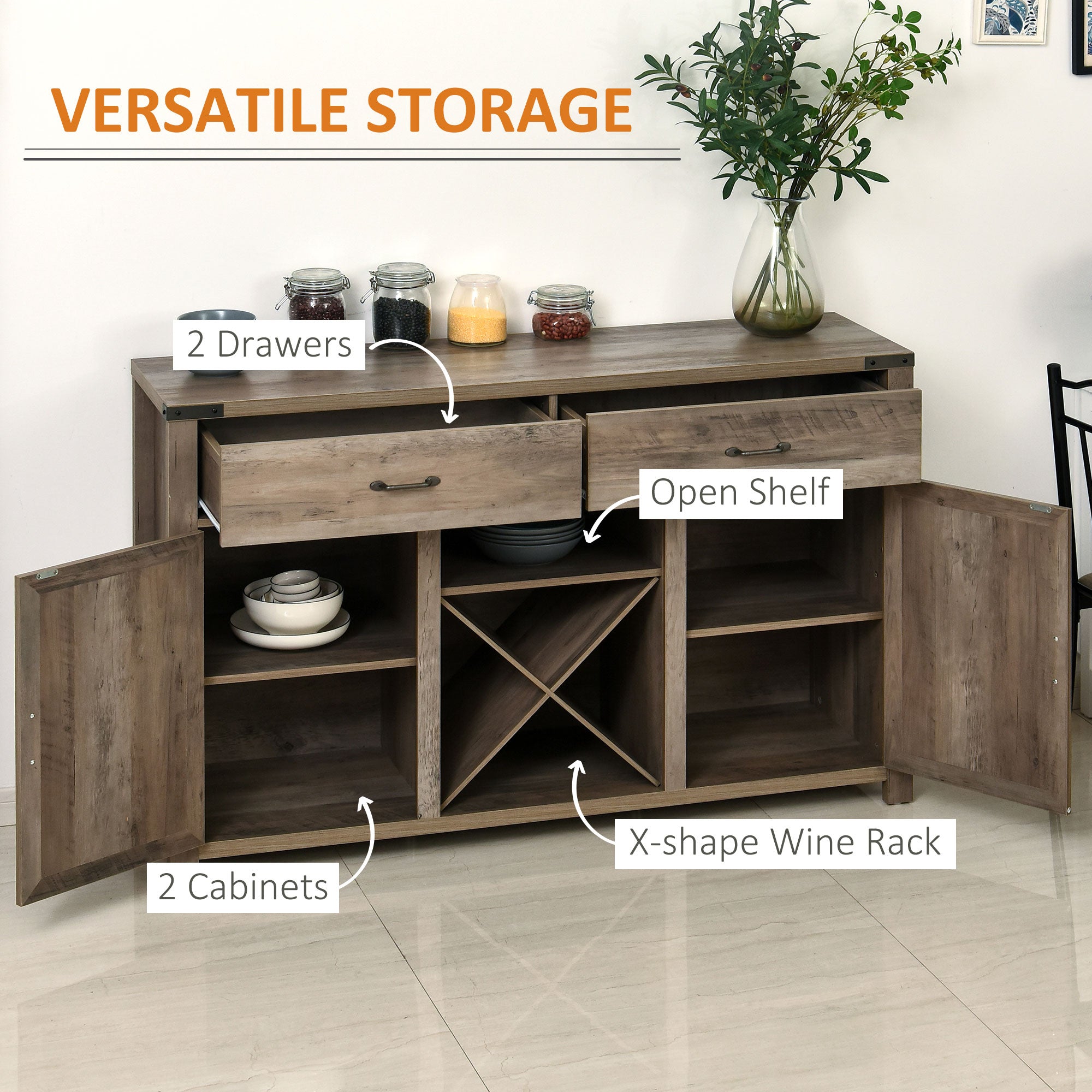 HOMCOM Farmhouse Wine Rack Storage Cabinet: Bar Cabinet, Sideboards and Buffets with Doors and Drawer for Dining Room