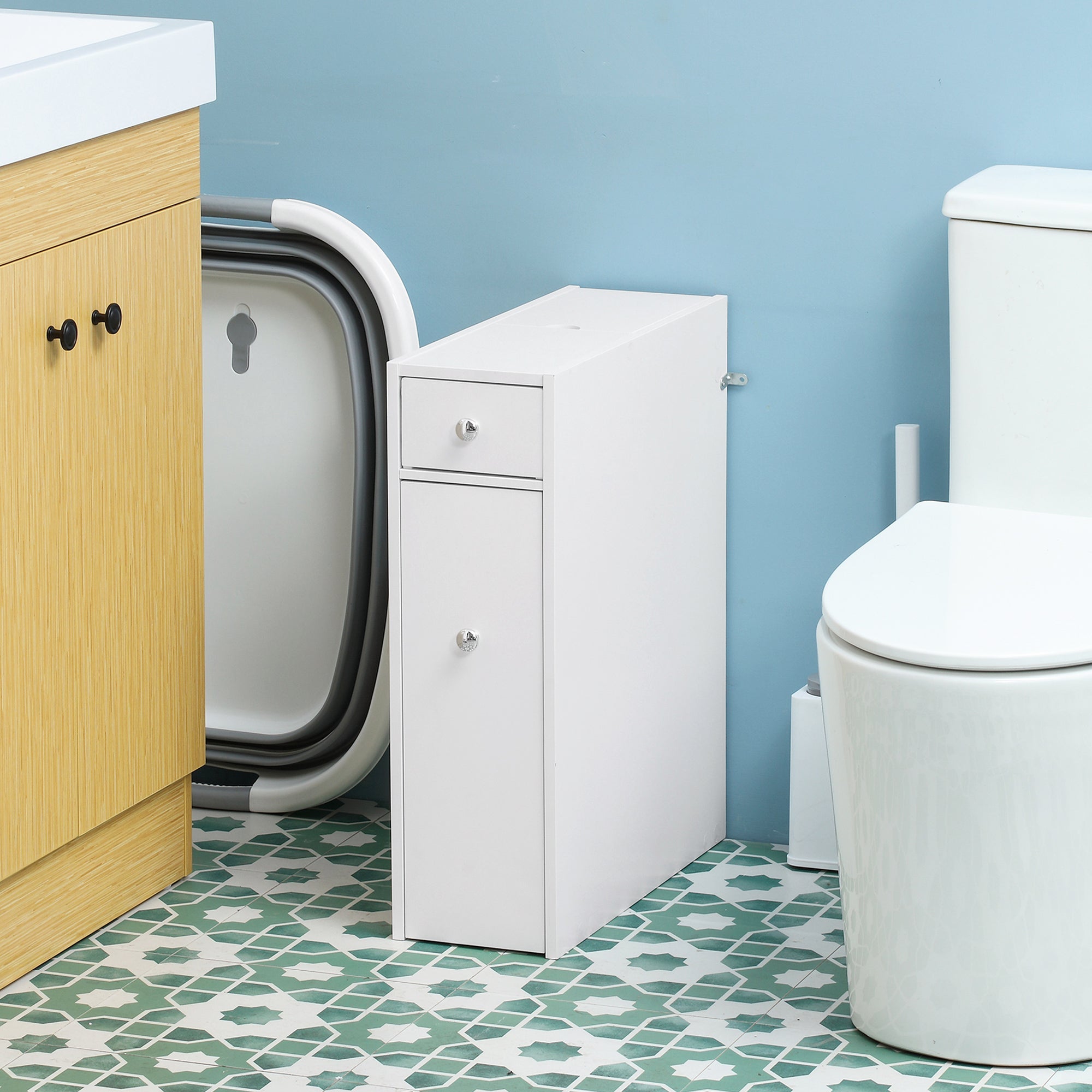 HOMCOM Compact Bathroom Storage Cabinet: White Space Saver, Toilet Paper Holder, Narrow Cabinet