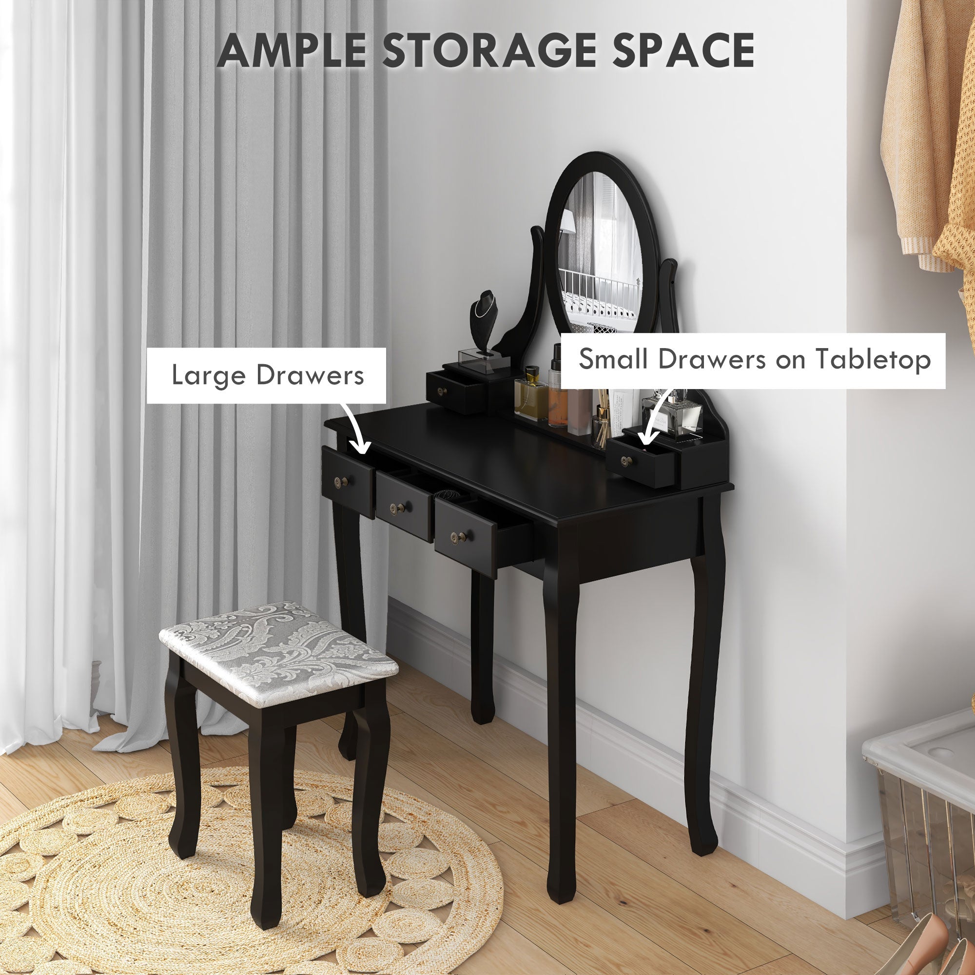 HOMCOM Vanity Dressing Table Set Contemporary Wooden Makeup Desk with Mirror Stool 5 Drawers Black