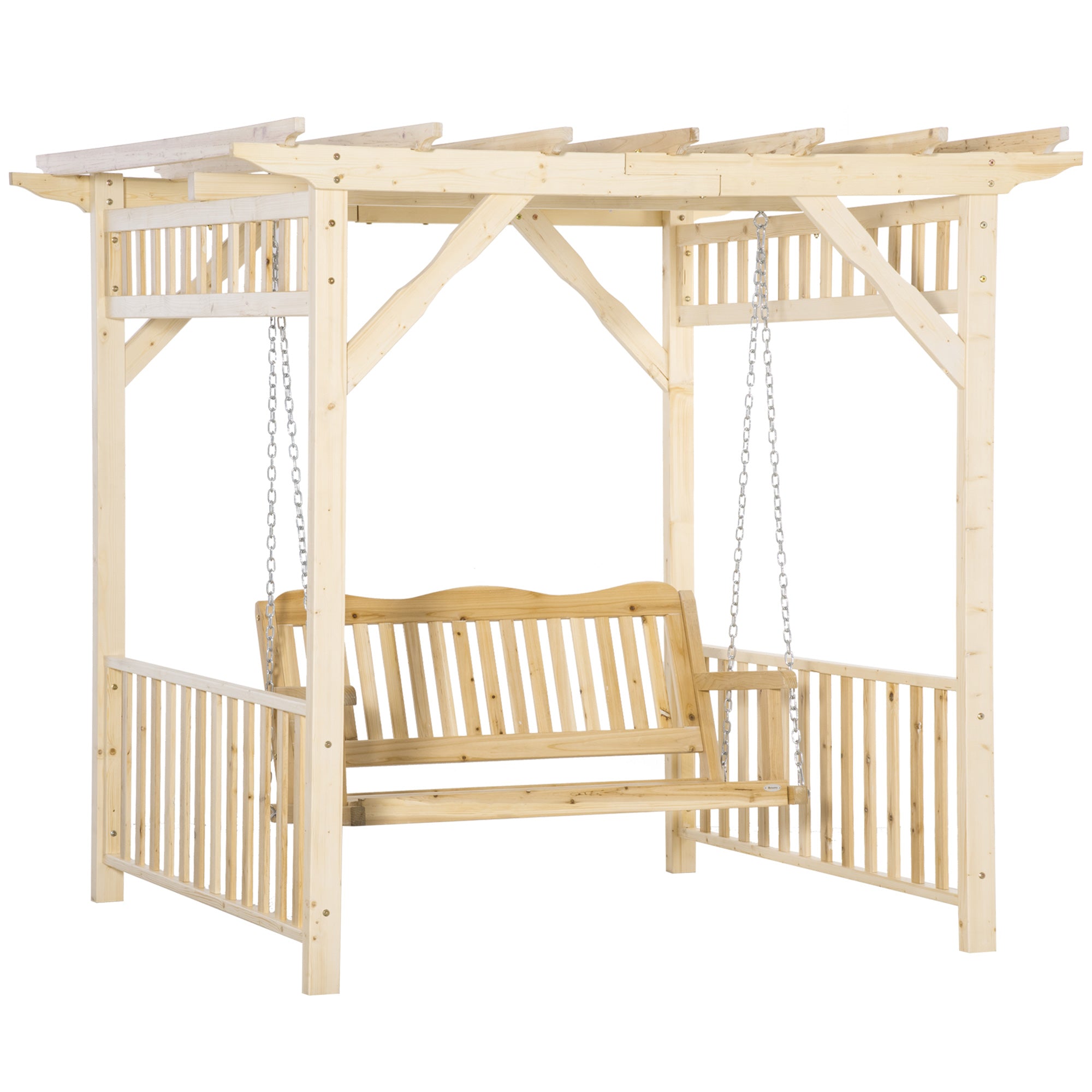 Outsunny Patio Swing Chair with Pergola, 2-Person Wooden Gazebo Swing Bench Sun Shelter for Garden, Poolside, Backyard, Deck