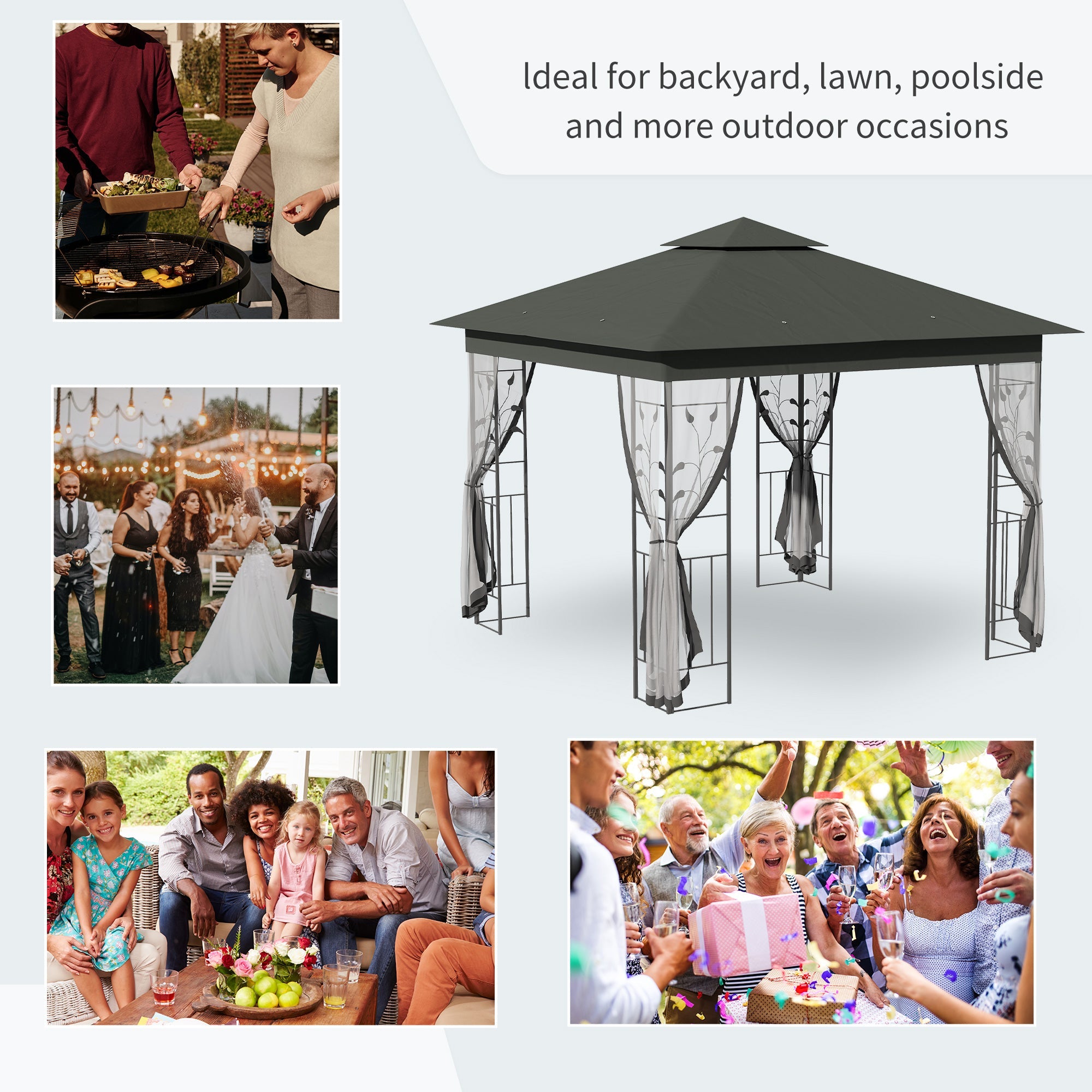 Outsunny 10x10 Steel Patio Gazebo Soft-Top Sun Shelter with 2-Tier Roof & Curtain Sidewalls in Grey