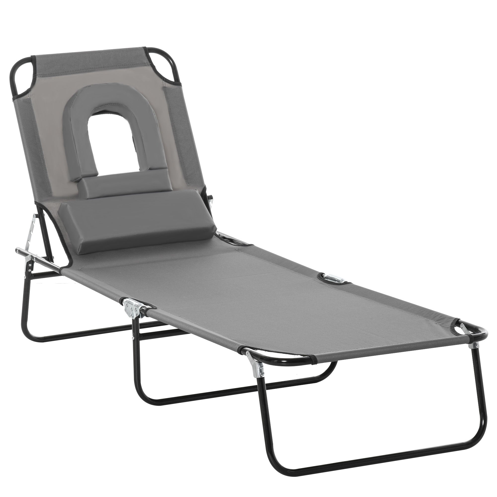 Outsunny Garden Sun Lounger Adjustable with Reading Hole Outdoor Reclining Seat Folding Camping Beach Bed Grey