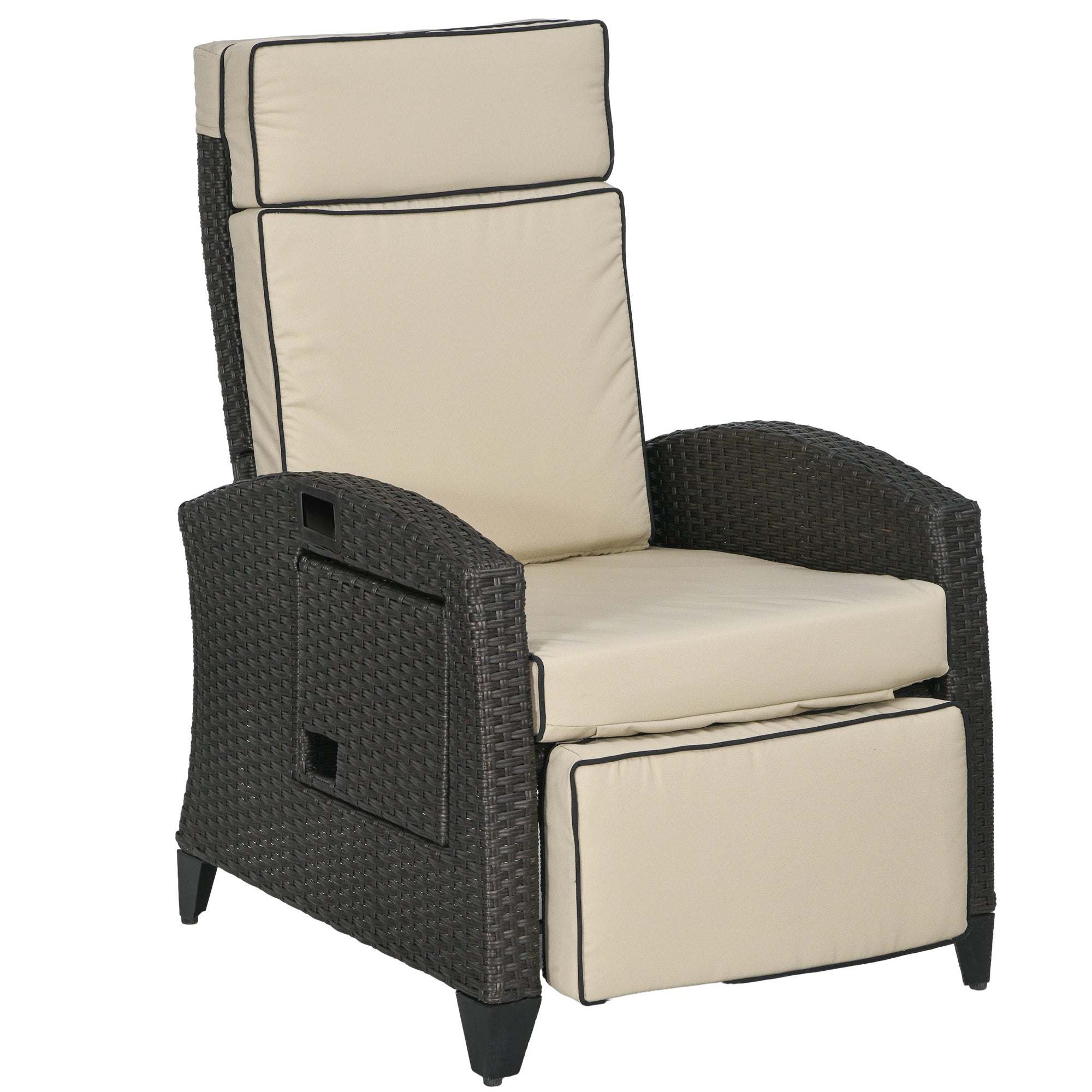 Outsunny Outdoor Recliner Chair with Adjustable Backrest, Cushion, Side Tray, Khaki