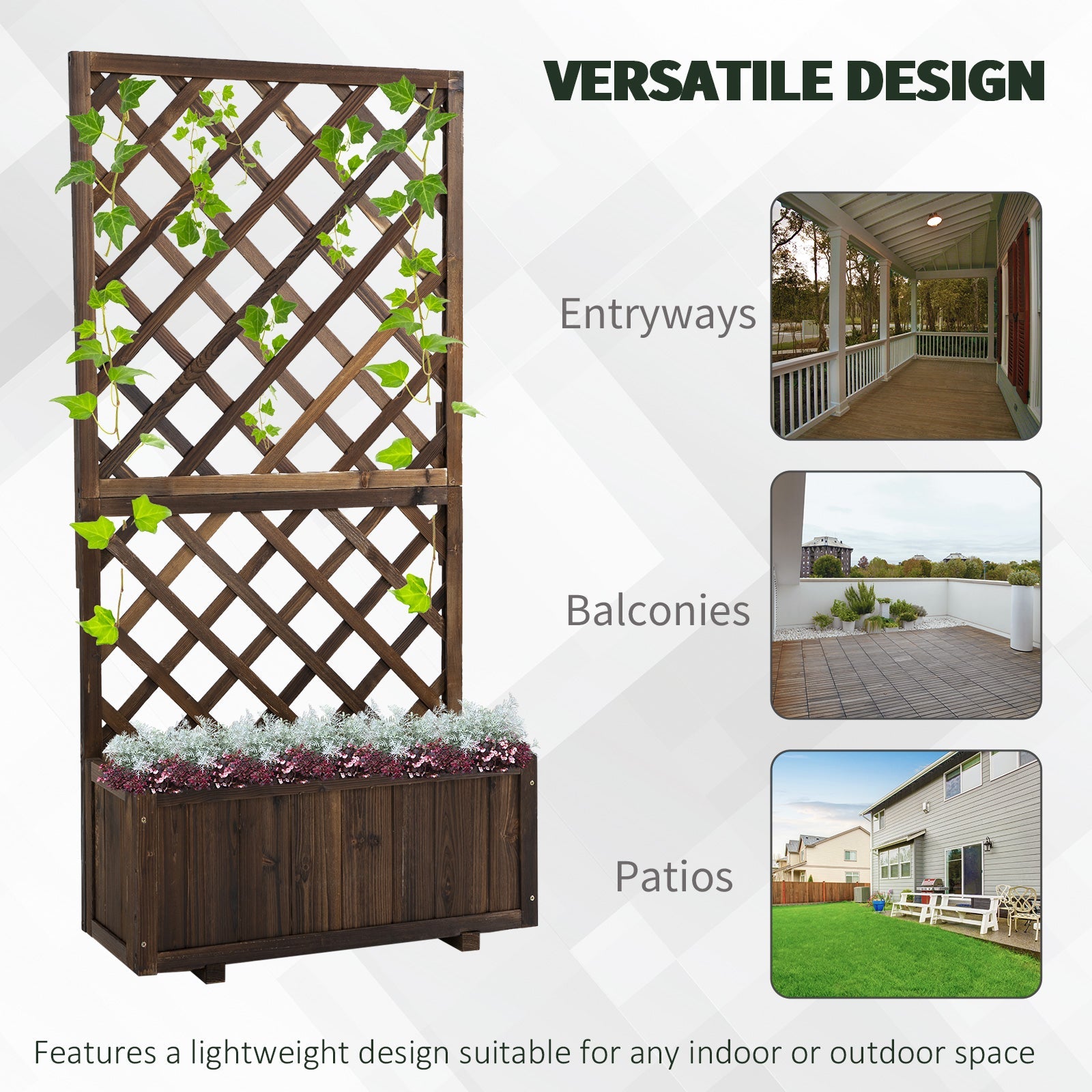 Outsunny Wooden Planter Box with Trellis for Climbing Plants Flower Raised Bed 2.4x1x4.9ft Carbonized