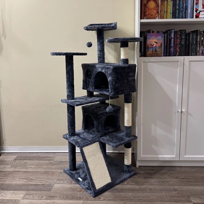 54" Cat Tree, Multi-Level Cat Tower with Scratching Posts, Cat Condos, Bed, Platforms, Ramp, Toy Ball, Dark Grey
