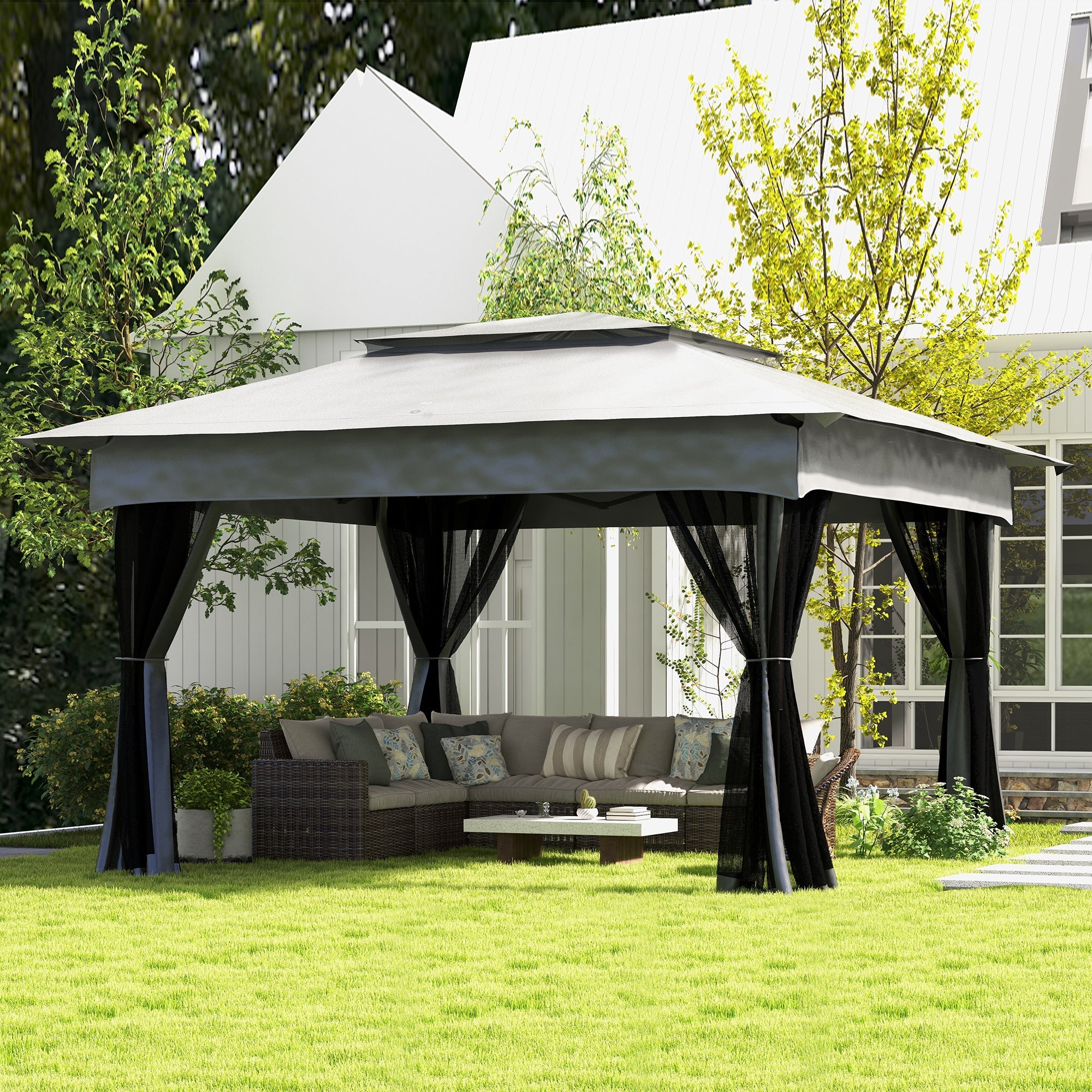 Outsunny 11'x11' Pop Up Event Canopy Tent 2-Tier Roof Soft Top with Netting Light Grey for Patio Garden