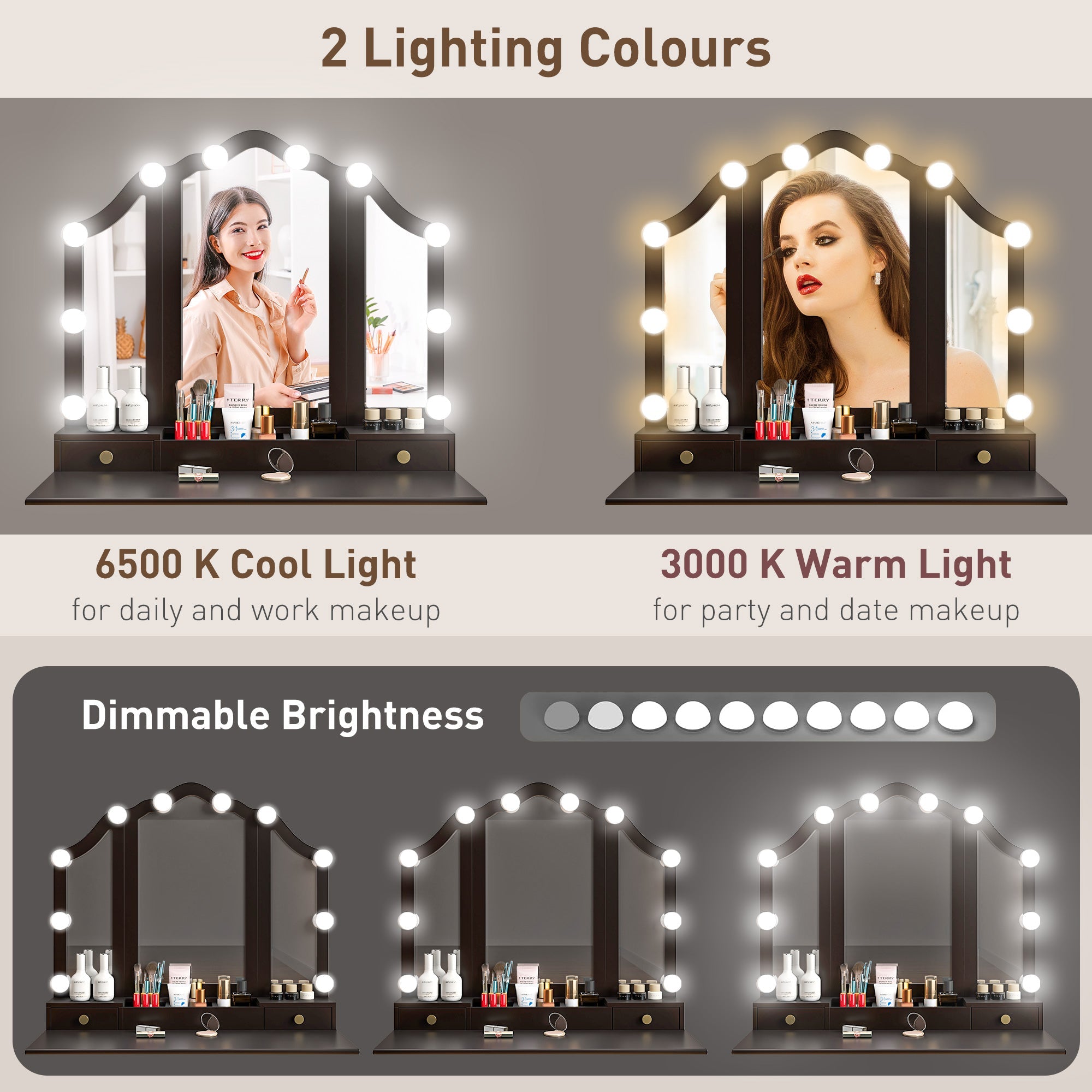 HOMCOM Makeup Vanity Desk with Mirror and Stool, Vanity Set with 10 LED Lights, 5 Drawers and 3 Compartments, Black