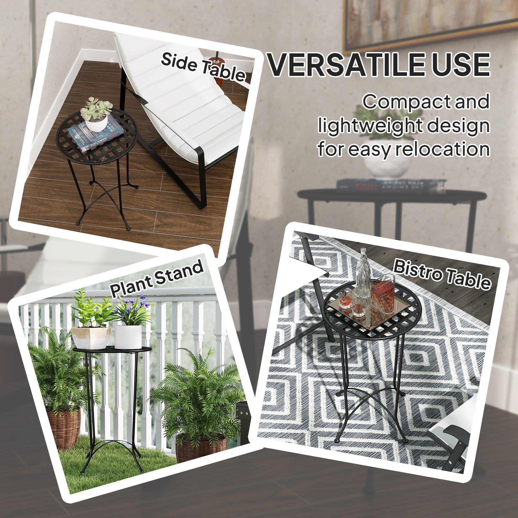 Outsunny 16" Round Outdoor Table, Small Patio Side Table, Metal End Table Plant Stand with Grid Top for Indoor, Garden, Black