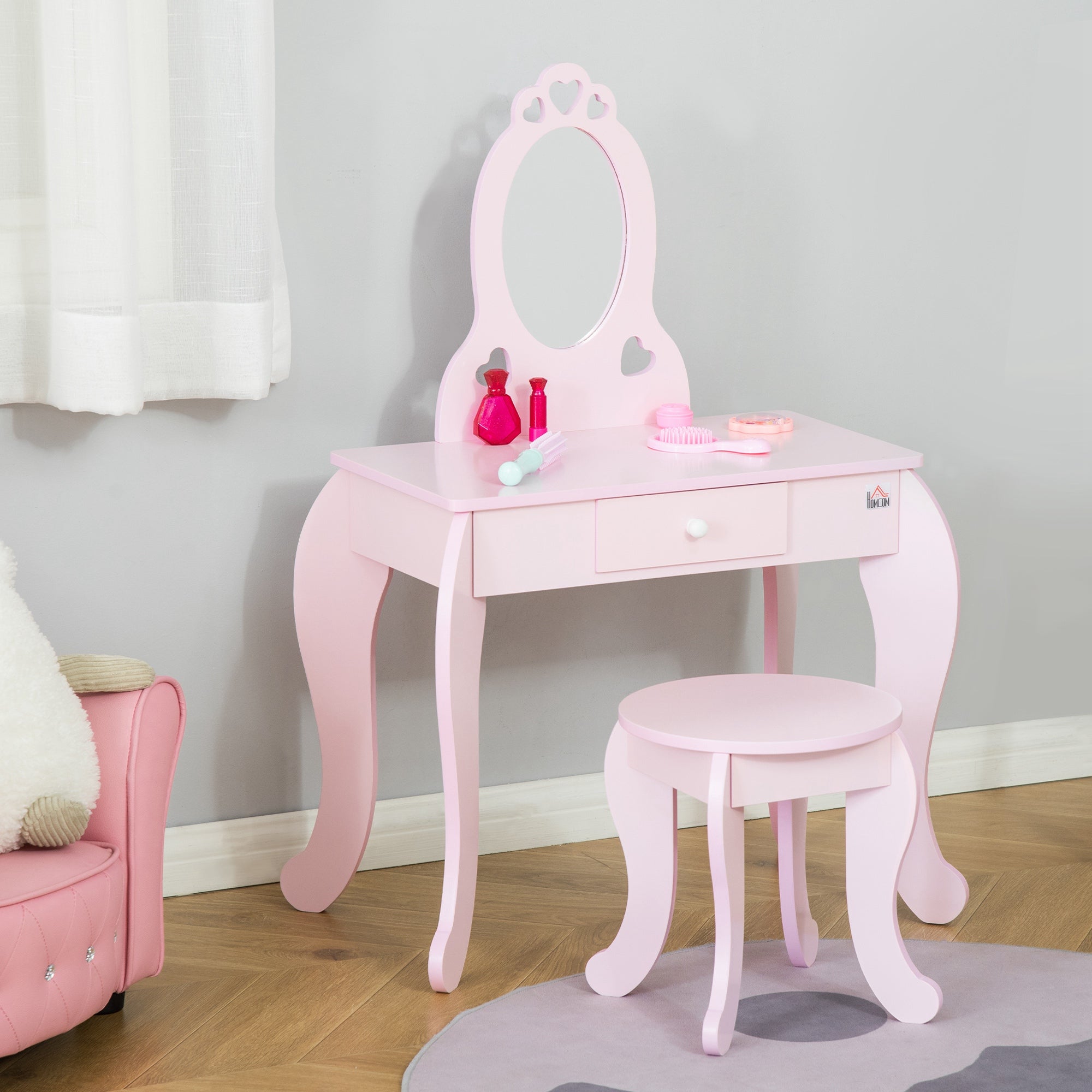 Qaba Kids Vanity Table Set with Mirror and Stool, Drawer, for 3-6 Years, Pink