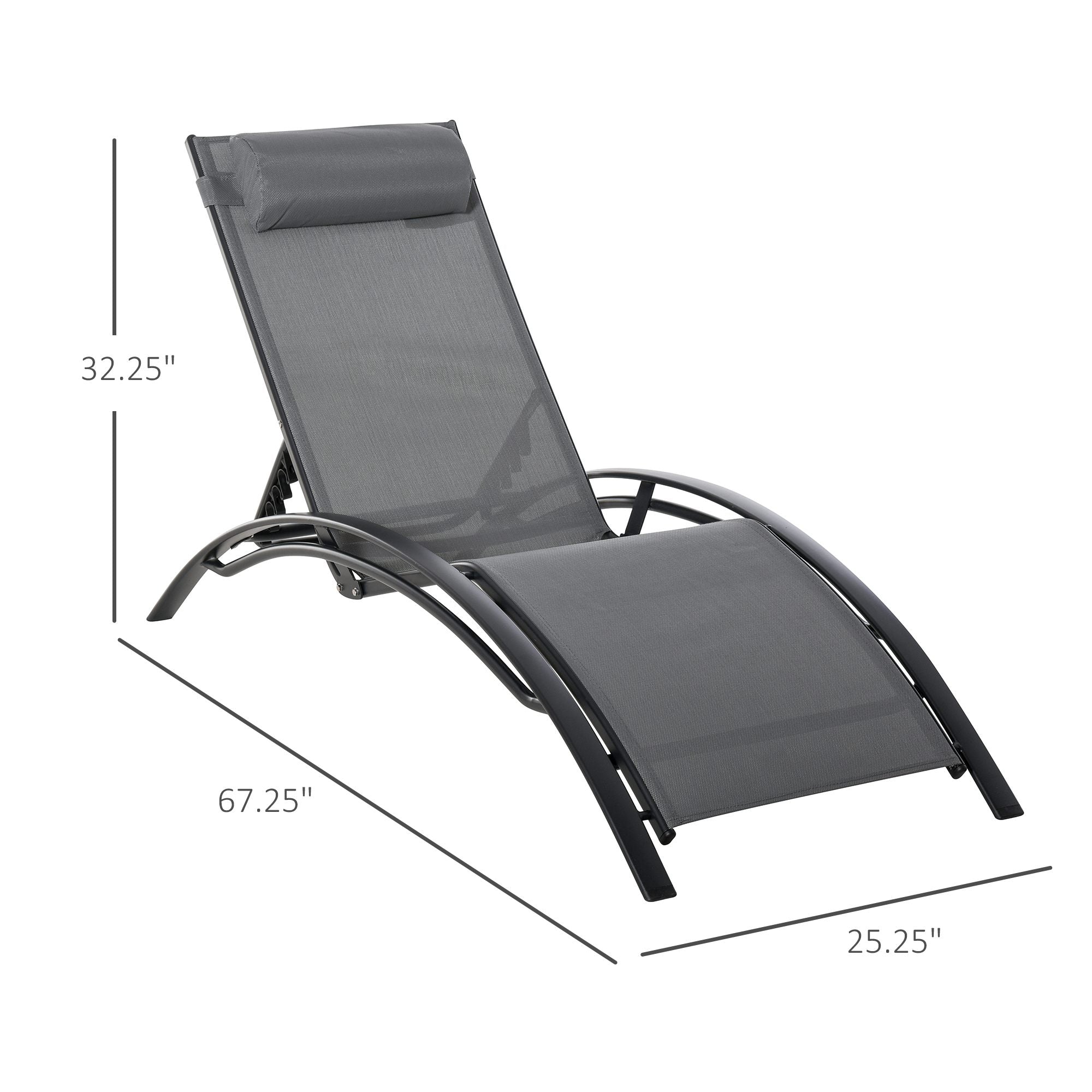 Outsunny Patio Reclining Outdoor Lounge Chair, Outdoor Aluminum Tanning Chair with 5-Level Adjustable Backrest & Head Pillow, Grey