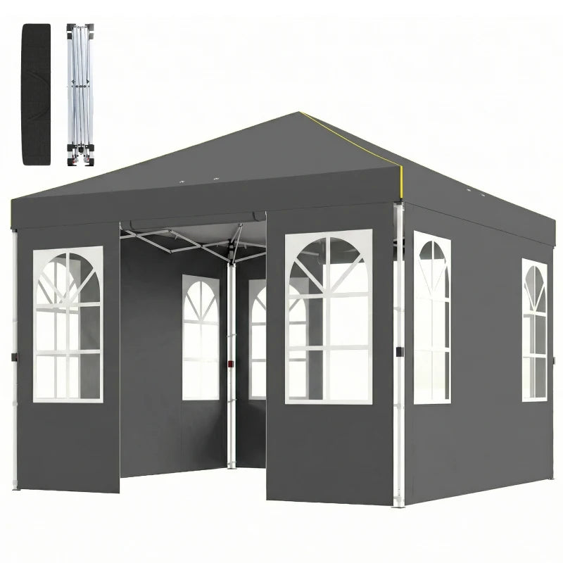 9.6 x 9.6 ft Pop Up Canopy Tent with 4 Sidewalls, UPF 50+ 1-Button Push Easy Setup Outdoor Instant Canopy, Dark Grey