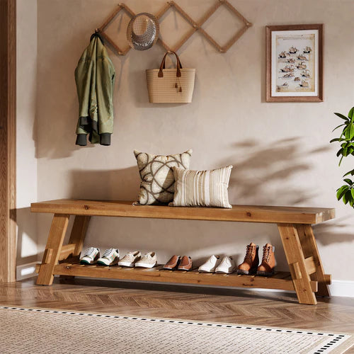 63" Solid Wood Shoe Bench 2-Tier Entryway Bench with Storage Shelf Heavy Duty Seating for Hallway Living Room Rustic Brown