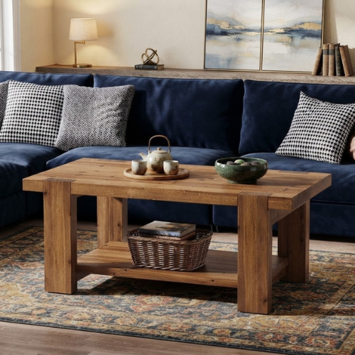 Wood Coffee Table 47.2" Solid Wood Rectangle Center Table with 2-Tier Storage Shelf and Thick Tabletop Rustic Brown