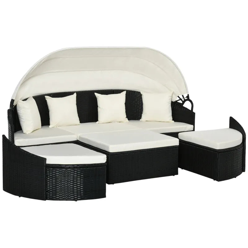 Outsunny 4 Pieces Patio PE Wicker Round Daybed, Outdoor Rattan Garden Lounge Furniture Sets, Cream