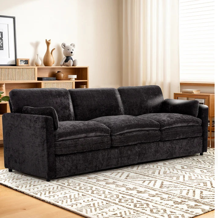 89-Inch Chenille Sofa – Modern 3-Seater Couch with 2 Removable Pillows, Black
